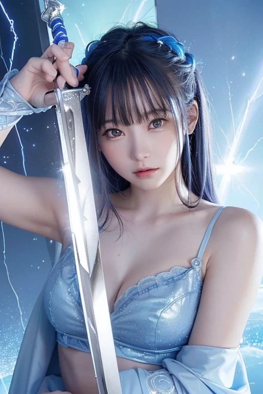 ((highest quality、best image quality、超A high resolution))、(Photoreal), (realistic), (ultra high resolution), table top, highest quality, RAW photo, 超realistic, girl'face, the air looks clear, blend with the aurora.(((He has a legendary sword that emits blue lightning.........)))、blue energy effect、(((Broken Mirror)))
