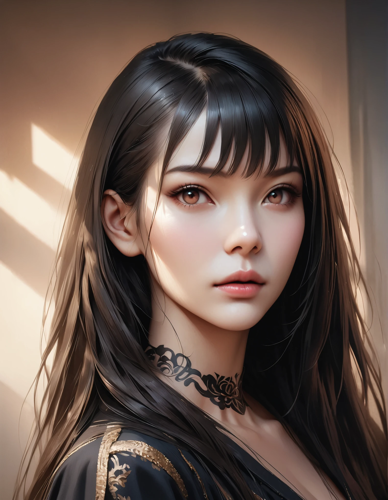 in style of Maximalism，(best quality,4k,8k,highres,masterpiece:1.2),ultra-detailed,(realistic,photorealistic,photo-realistic:1.37),simple modern art,close-up of a woman with lotus tattoo on her neck, flowing black long hair, black minimalist clothing, pure and smooth skin, slender and beautiful eyes, by Mei Qing, elegant and beautiful digital art, exquisite digital illustration, beautiful portrait, watercolor painting combined with photography, rendered with high octane value.