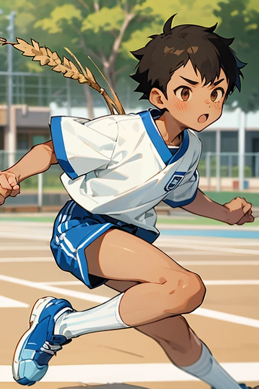 Japan　primary school student　boy　sports meeting　tanned wheat-colored skin　Her hairstyle is short and black、The sides are cropped　double　He wears white short sleeves with the sleeves raised to his shoulders.　Blue and white striped shorts　whole body　The socks are white and the same length as the shoes.　Angle from the front　Background is the schoolyard　There are three rivals