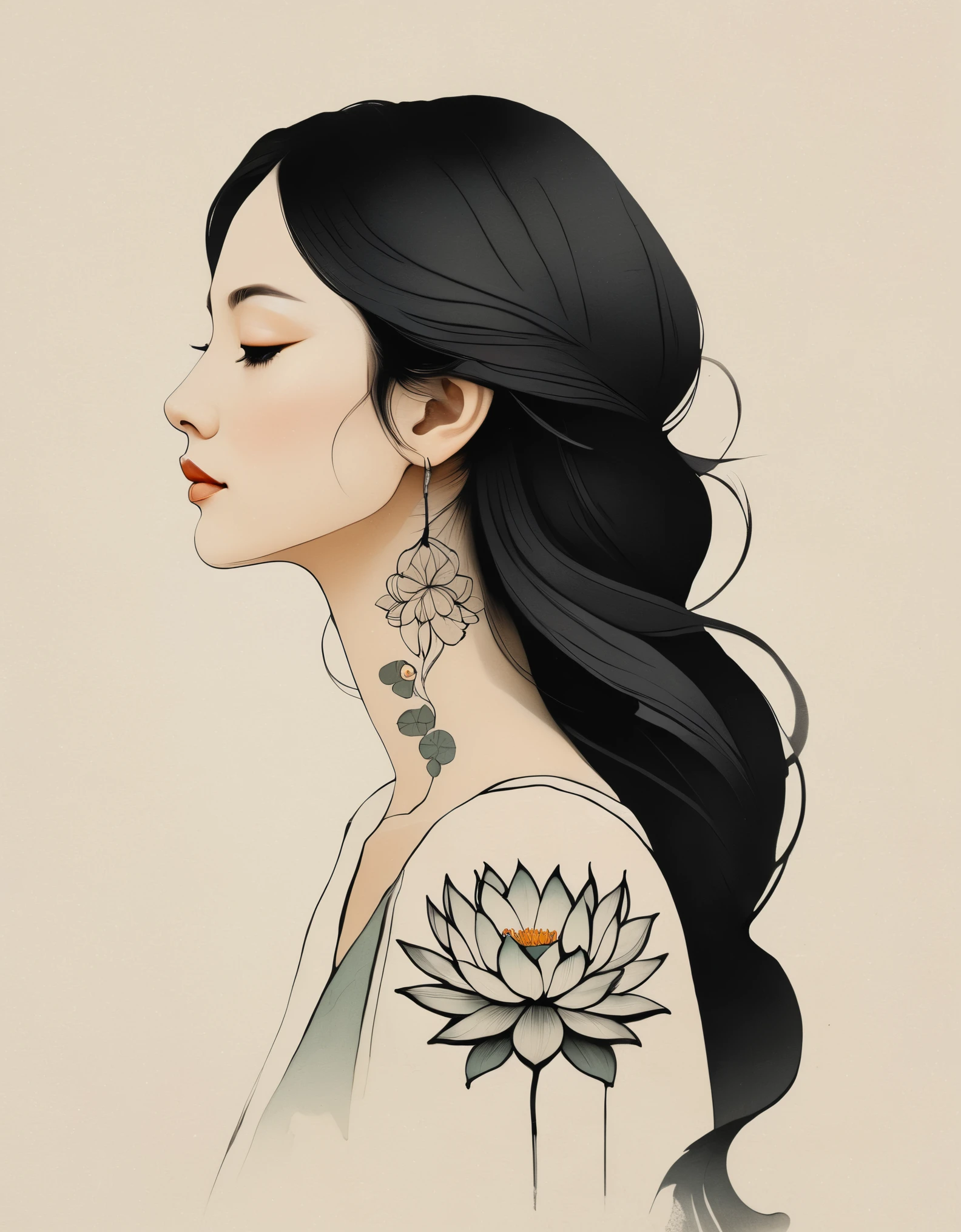 in style of Alessandro Gottardo, character, ink art, side view ，modern minimalist art，（Close-up of a woman with lotus tattoo on her neck）,This woman has a delicate and charming face，long black hair，（Clear lotus tattoo on neck：1.3），Flowing hair vignette，fair face，Foxy, slender, beautiful eyes， elegant digital art, Beautiful digital illustrations, beautiful figure painting, 