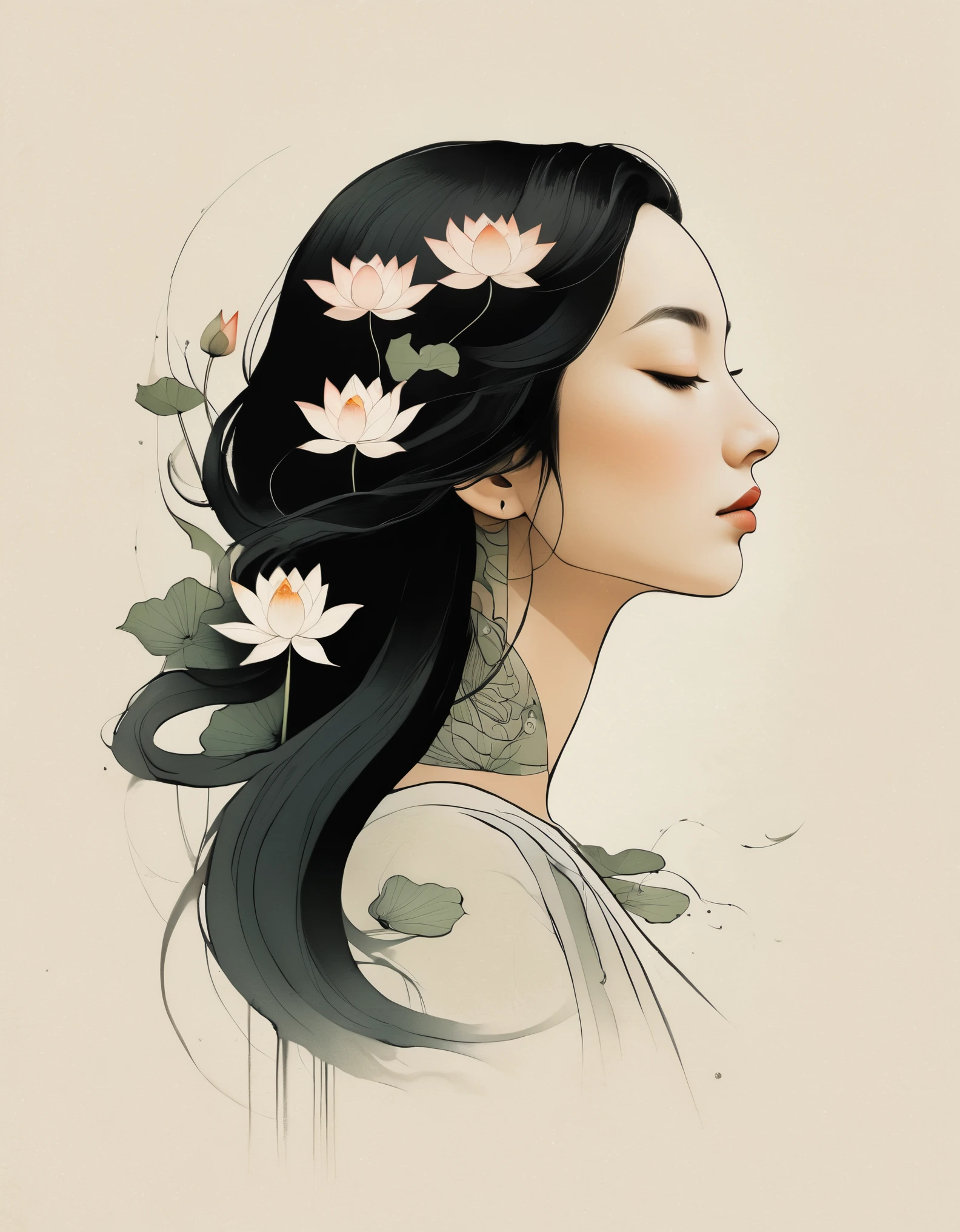 in style of Alessandro Gottardo, character, ink art, side view ，modern minimalist art，（Close-up of a woman with lotus tattoo on her neck）,This woman has a delicate and charming face，long black hair，（Clear lotus tattoo on neck：1.3），Flowing hair vignette，fair face，Foxy, slender, beautiful eyes， elegant digital art, Beautiful digital illustrations, beautiful figure painting, 