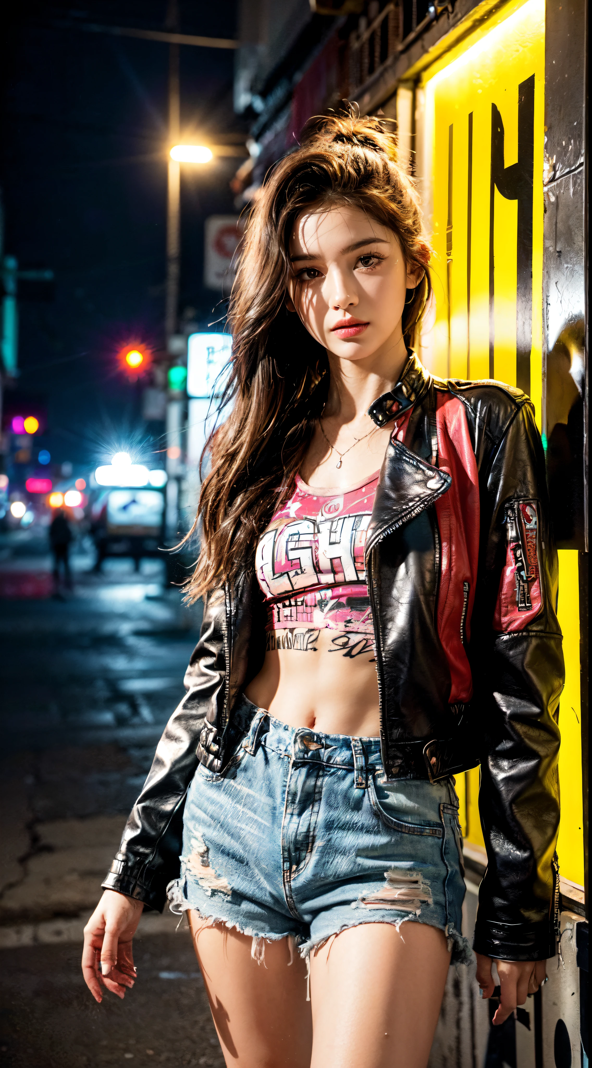 (Ultra-detailed eyes), (((textile shading))), (((Best Quality))), (((materpiece))), (((Ultra-detailed CG))), sassy girl, (((magical little girl))), (Petite), (tiny chest), bronze hazel golden hair, ((messy, hair, gorgeous hair)), Pink eyes, (((punk girl, leather jacket, y2k ripped shorts))), ((striking a pose)), (((Game CG)) (gorgeous, sassy, it girl), fancy jewelry, graffiti-covered walls,neon lights,vibrant colors,night scene,gritty atmosphere,4K, strong punk atmosphere, cowboy shot, midshot, centered image, eye on camera, daylight