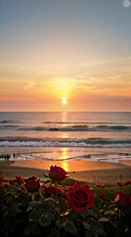 Roses,Zoom out The background is a wonderful sunset at the seaside, authentic texture, warm、reality