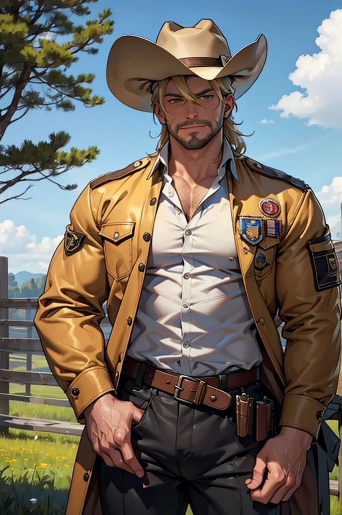 a adult man leaning against a wooden fence outside the sunny field with ashy blonde colored hair medium with golden brown eyes and semi thick straight eyebrows, very light patch of facial hair with a masculine features, looking directly at the camera while holding a gun, wearing a smug face, detailed cowboy hat with silver star badge, pecs slightly peeking out of his tightly buttoned sleeves, brown lethered jacket with a secure belt that was held against his torso to match the white sleeve, black glove with a clear opening on its knuckles and fingertips, slightly sweating from the heat