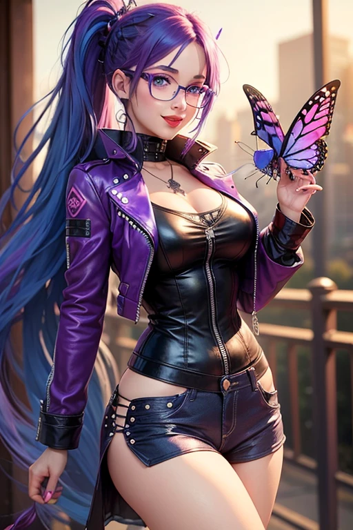 (best quality, vivid colors),purple haired girl, glasses, smooth skin, blue eyes, punk rock hairstyle, long straight hair, red lips, cheering, smile, butterfly magic, leather clothes