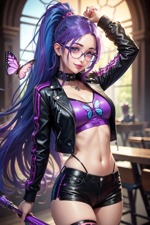 (best quality, vivid colors),purple and blue haired girl, glasses, smooth skin, blue eyes, punk rock hairstyle, long straight hair, red lips, cheering, smile, butterfly magic, leather clothes