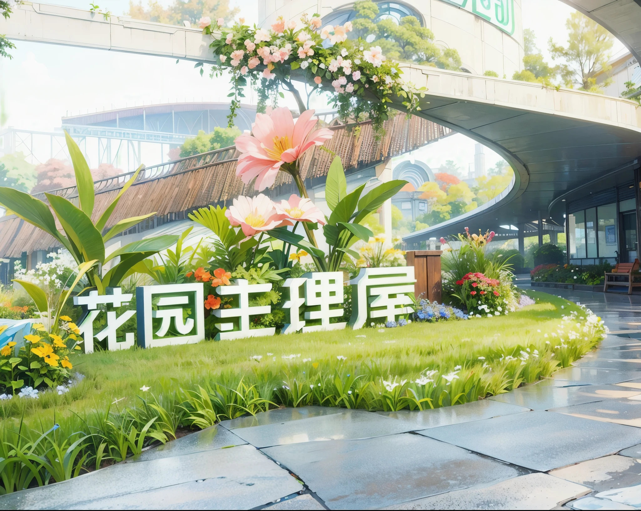  An outdoor scene of a flower and horticulture showroom with grass, blue curved roof tiles and a sign saying "Flower and Horticulture Administration" in white lettering. There is an art installation, featured, element, water, wave, colourful, HD quality, high detail, very detailed, exquisite, architectural shots, surrealism, unreal engine 5