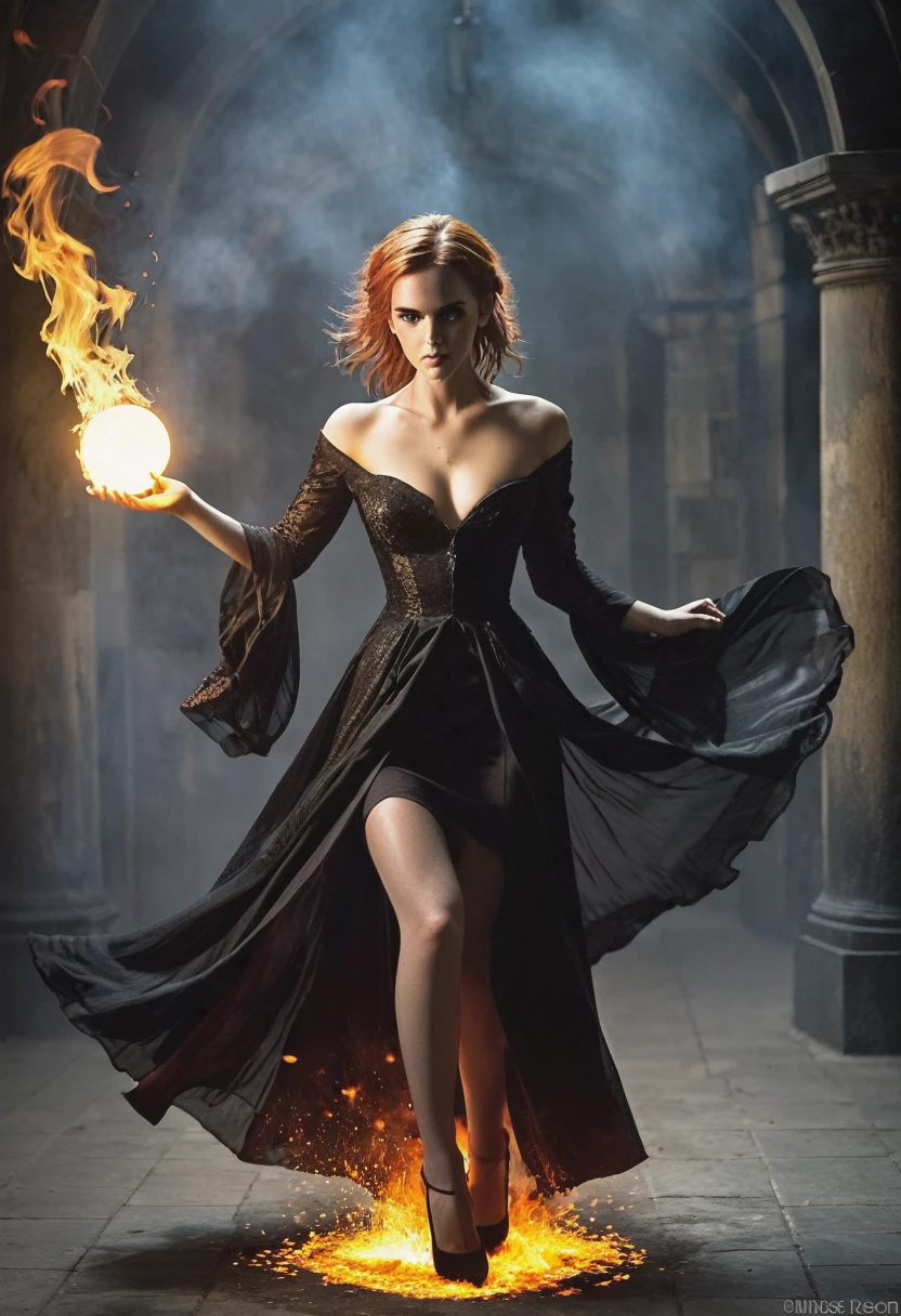 Young busty witch Emma Watson, appealing desirable, big tits, almost naked , stockings, 18 years old, seductively while looking at viewer, ragged see-through dress, very big cleavage, angry looking, Darkness, delicate flame, black eyes, heels, dim colours, red Black, Shadow, fading glow, flaming shadows, slim, tall long legs, long waist, unkempt long white hair, heels, dull light, fuzzy light, dim light, dimness, gloom, murk, dark fantasy theme, ferocity, spell, spelling, incantation, spellworking, allure, bewitchment, hex, witchery, magic, sorcery, wizardry, witchcraft, enchantment, fascination, charm, sword swing, magical haze, Fire Witch, red hair, glowing eyes, red dress, fire haze, heat, pretty, high dinamic range, iluminated only by firewall, dark, attacking throwing magic spells, action pose, powerful aura, sultry, magical place, whisps of magic, flowing robe, rising triumphantly from the flames cast fire spell, magic fire, shooting fire from her hand, emerging from magical fire circle, holding ball of fire, night,