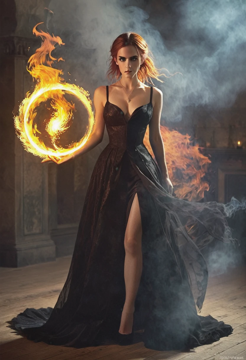 Young busty witch Emma Watson, appealing desirable, big tits, almost naked , stockings, 18 years old, seductively while looking at viewer, ragged see-through dress, very big cleavage, angry looking, Darkness, delicate flame, black eyes, heels, dim colours, red Black, Shadow, fading glow, flaming shadows, slim, tall long legs, long waist, unkempt long white hair, heels, dull light, fuzzy light, dim light, dimness, gloom, murk, dark fantasy theme, ferocity, spell, spelling, incantation, spellworking, allure, bewitchment, hex, witchery, magic, sorcery, wizardry, witchcraft, enchantment, fascination, charm, sword swing, magical haze, Fire Witch, red hair, glowing eyes, red dress, fire haze, heat, pretty, high dinamic range, iluminated only by firewall, dark, attacking throwing magic spells, action pose, powerful aura, sultry, magical place, whisps of magic, flowing robe, rising triumphantly from the flames cast fire spell, magic fire, shooting fire from her hand, emerging from magical fire circle, holding ball of fire, night,