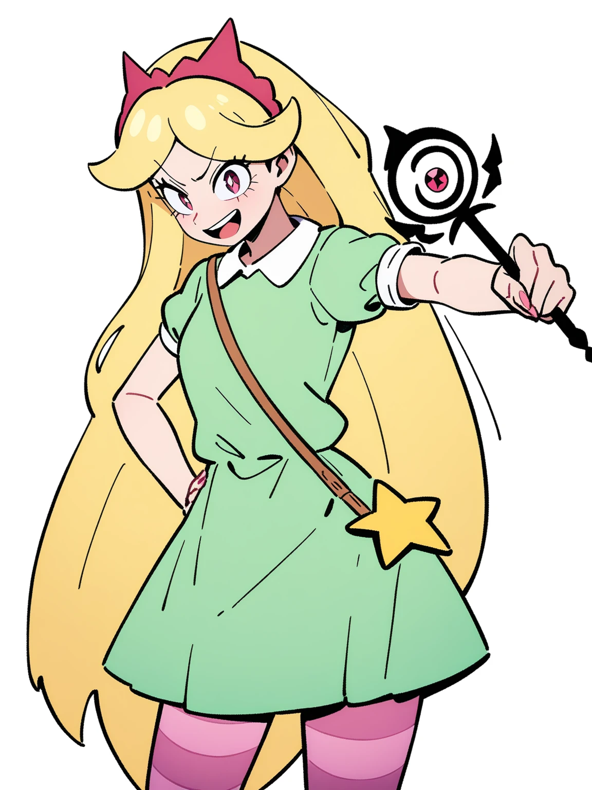 masterpiece, official art, 8k, best quality, highly detailed, ((star vs the forces of evil)), 1girl, hand holding wand, dress, striped tights, laughing, looking at viewer