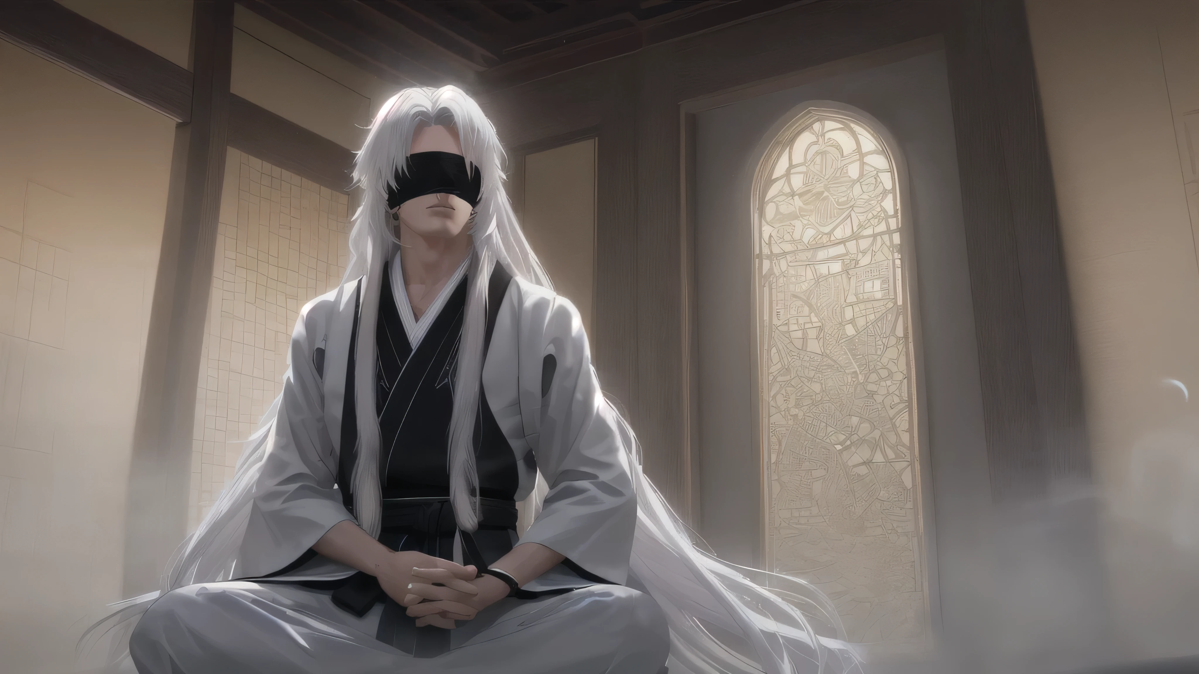 ((Dojo) + Night) + Monotone Architecture  + fog, ((man) + meditation) + sitting cross legged + masculine + ((long hair) + white hair) + (22 years old) + ((blindfold) + black color) + cloth clothing, ((flowing hair)) + hair flowing outwards, ((front view)) ,(extremely detailed CG), ((Realistic Shadows:1.2)), ((Realistic Lighting:1.1)), ((Highest quality)), 8k, ultra-detailed, ((perfect shadows)), best illumination, best shading, ((masterpiece)), (best quality:1.0), (ultra highres:1.0), intricate detail, (depth of field), subject in focus