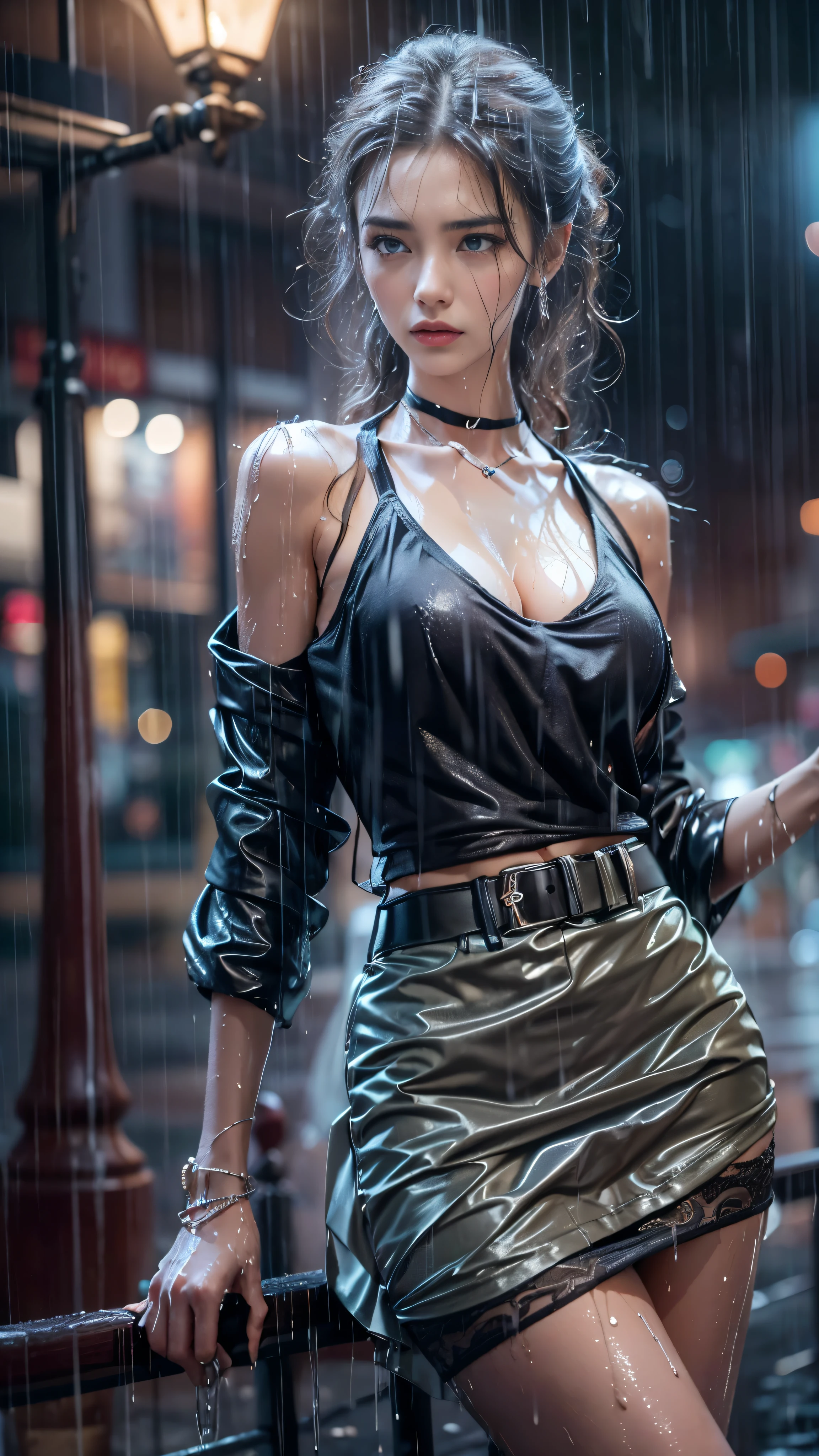 (RAW shooting, Photoreal:1.5, 8K, highest quality, masterpiece, ultra high resolution), perfect dynamic composition:1.2, Night street corner of a modern city, expression of sadness, (((Typhoon heavy rain))), Highly detailed skin and facial textures:1.2, Slim office lady wet in the rain:1.3, sexy beauty:1.1, perfect style:1.2, beautiful and aesthetic:1.1, Fair skin, very beautiful face, water droplets on the skin, (rain drips all over my body:1.2, wet body, wet hair:1.4, wet skirt:1.2, wet tank top:1.3), belt, (Medium chest, bra is see-through, Chest gap), (cry, lovelorn, The expression on your face when you feel intense caress, Facial expression when feeling pleasure), (beautiful blue eyes, Eyes that feel beautiful eros:0.8), (Too erotic:0.9, Bewitching:0.9), cowboy shot, Shoulder bag, necklace, earrings, bracelet, clock