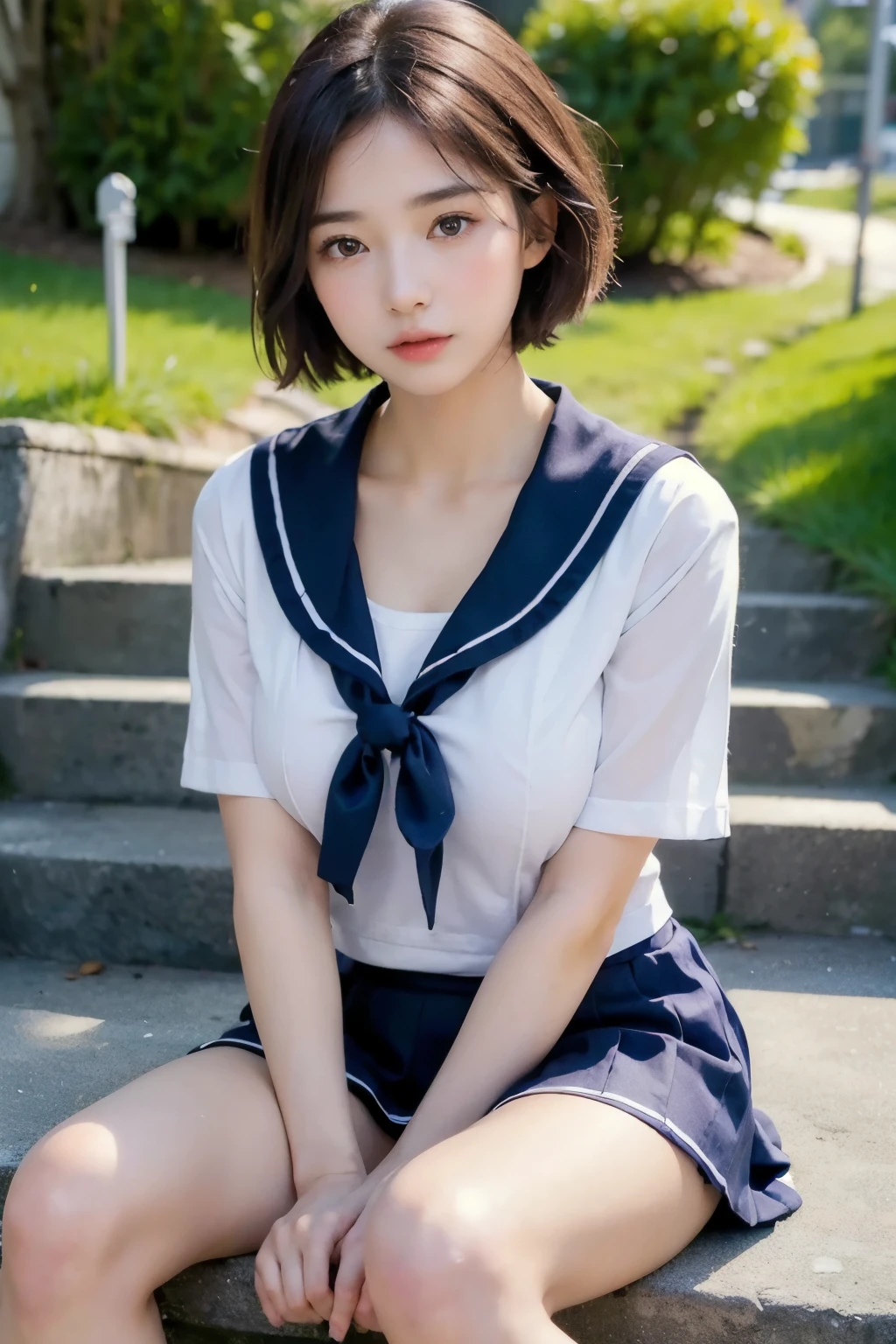 ((highest quality, 8K, masterpiece :1.3)), 1 Innocent Girl:1.3, (short hair,sailor suit,beautiful breasts :1.2), super mini skirt, super detailed face, fine eyes, double eyelid,whole body,cute face,(Sitting on stone steps),(realistic face),(realistic skin),smart body,hips are facing forward,Half Japanese and half European
