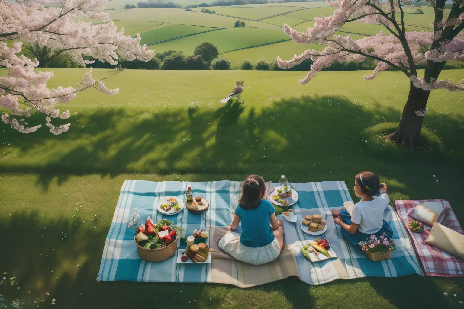 ((bird eye view)). An idyllic countryside picnic beneath a canopy of blossoming trees, with characters spread out on checkered blankets surrounded by rolling hills and meadows bursting with wildflowers. They enjoy a feast of sandwiches, scones, and strawberries, while children chase butterflies and play games on the grass. The scene radiates the simple joys and natural beauty of May in the countryside.