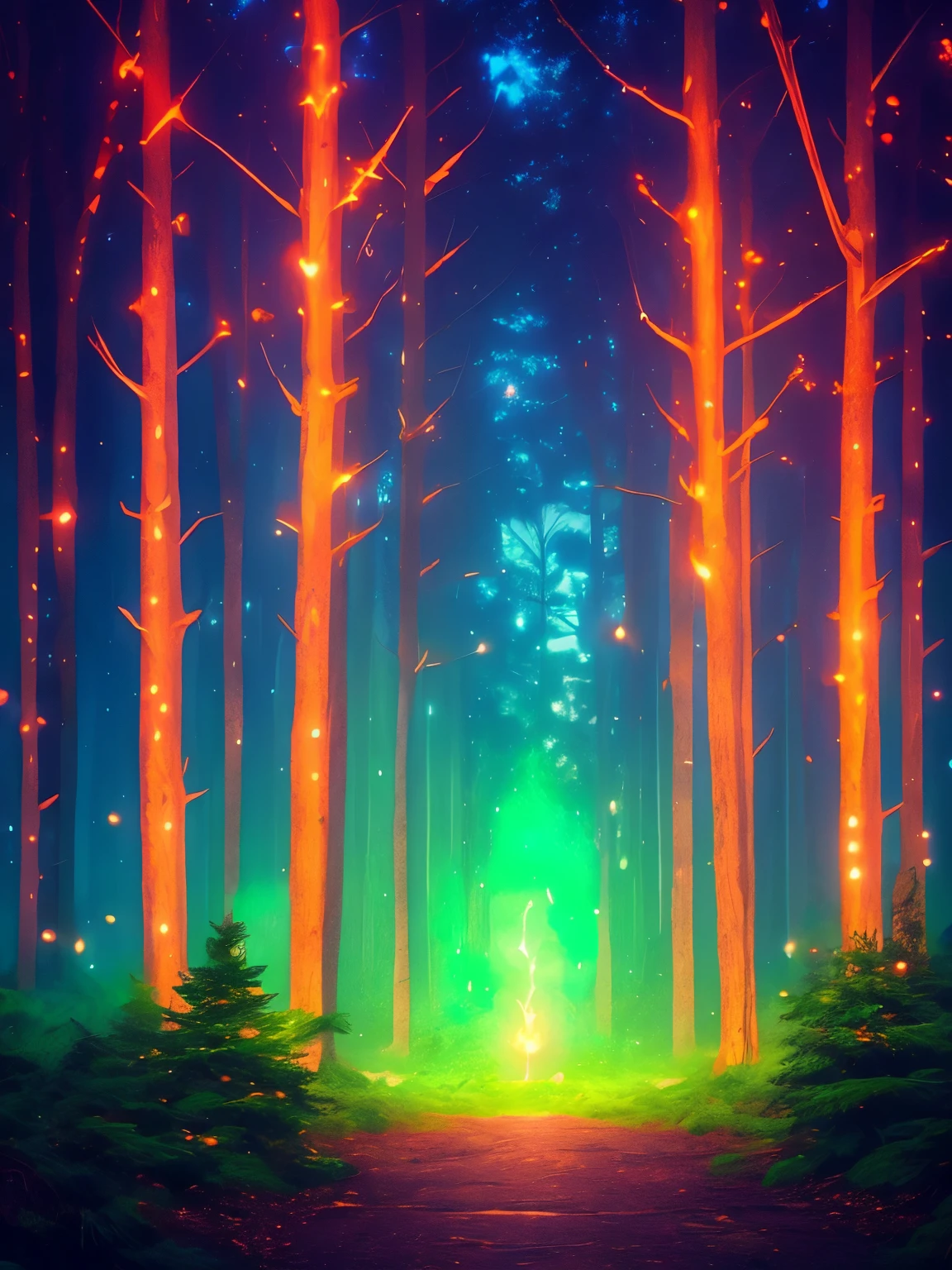 a forest filled with lots of trees and lights, magic fairy forest, magical forest in the background, magical forest, magical colours and atmosphere, very magical and dreamy, enchanted and magic forest, magical colors and atmosphere, enchanted magical fantasy forest, magical fantasy forest, in a magical forest, magical forest with fireflies, magic forest, magical forest backround, . ethereal lights