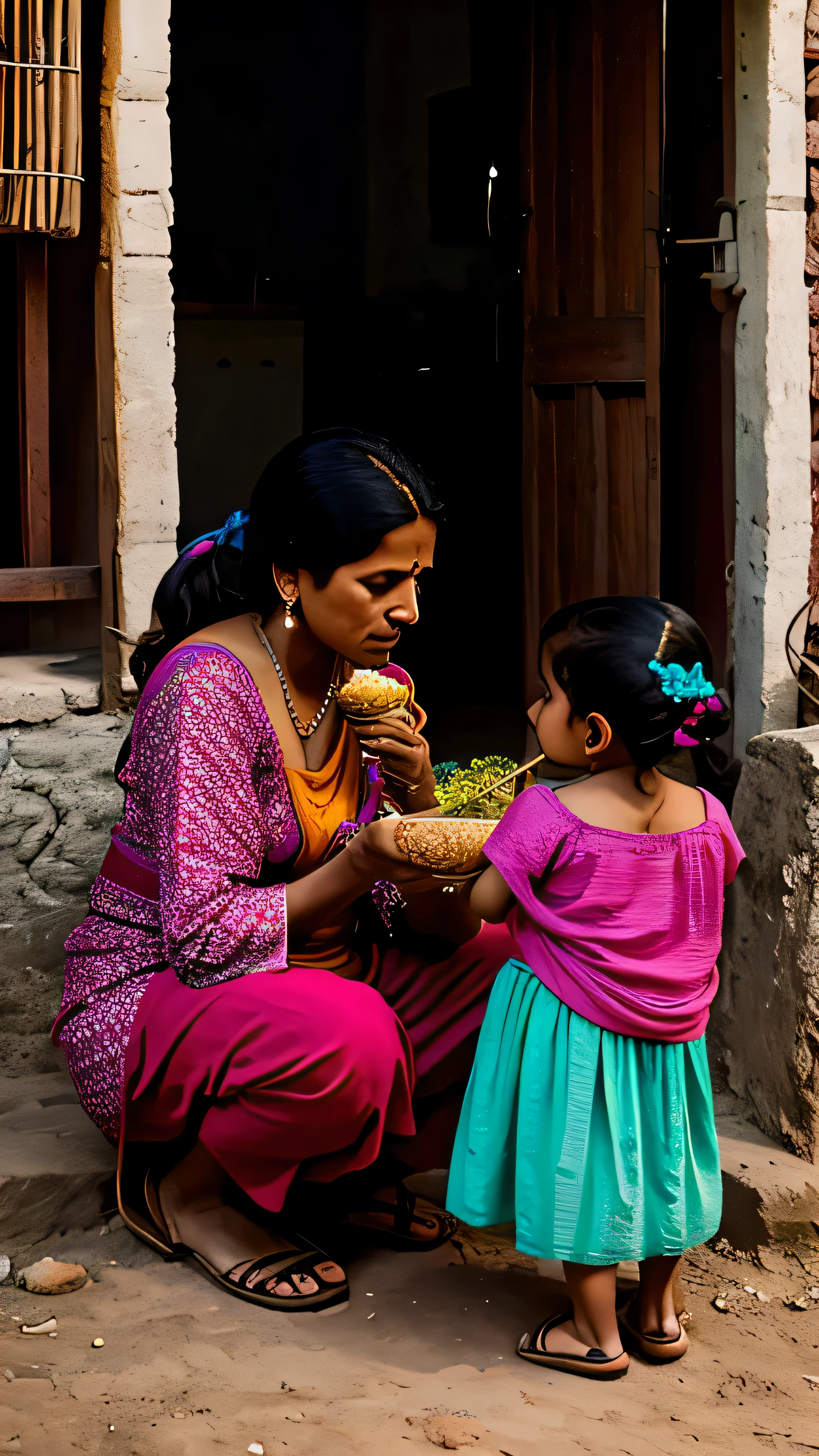  A representation of an desi Indian village mother feeding food to her children