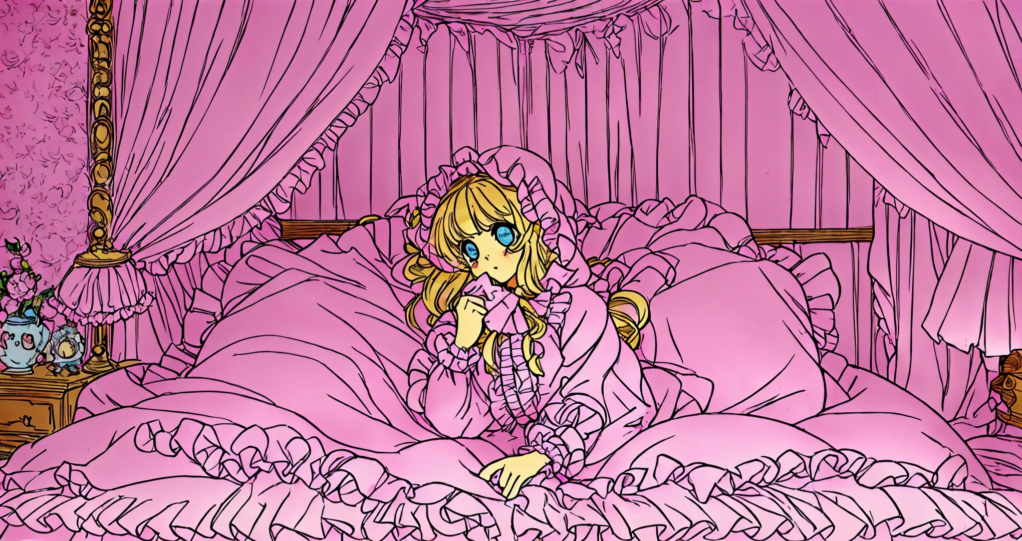 ,highest quality, masterpiece, highest resolution, artwork, super それにget used to it, many get used to it, get used to it, それにget used to it, 3K anime illustration,(( 10 year old girl)),Super detailed baby face,high quality small face,long blonde hair that grows to the waist,blue eyes,白い肌のeuropean,pajamas, european,(((super long blonde hair))),curly hair,blue eyes,((((ピンクのロリータファッションのlong skirtのワンピースドレス)))),((Pink dress with lots of frills and ribbons)),((Luxurious headdress with frills and ribbons)),detailed headdress,,(((big yoke collar))),Yoke collar with ruffles and ribbons,((((long sleeve)))),ruffle sleeves,((((long skirt)))),white ruffle and lace socks,large frill and ribbon pillow,(((Nice pink outfit))),豪華なcanopy bedの上,canopy bed,The bed is surrounded by luxurious curtains,many frilly pillows on the bed,There are many frilly pillows behind the girl.,super detailed background,detailed bed,soft pink comforter,Highly detailed soft ruffle pillow,Beautiful girl illustration,detailed beautiful face,fine hair,detailed eye ,detailed eyes,detailed mouth, arm details,fine hands,Detailed pillow,wide bed,Illustration on the bed, ,((((round futon)))),((((A large ruffled futon that covers the entire bed)))),detailed comforter,detailed bedシーツ,Before bedtime,romantic atmosphere,palace bedroom,((((The lower half of the body is hidden under the futon and the puffy skirt....)))) The girl is leaning on a pile of pillows, ,((((round futon)))),((((A large ruffled futon that covers the entire bed)))),