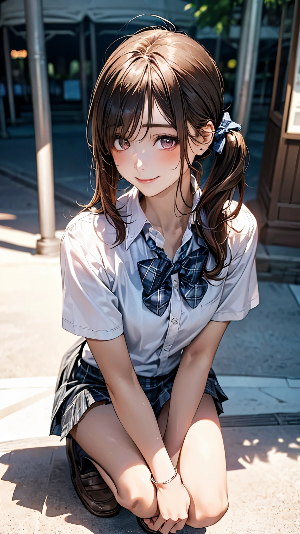 (masterpiece:1.2, top-quality), (realistic, photorealistic:1.4), beautiful illustration, (natural side lighting, movie lighting),
looking at viewer, full body, front view:0.6, 1 girl, japanese, high school girl, perfect face, cute and symmetrical face, suntan, shiny skin,
(long hair:1.5, side ponytail:1.4, brown hair), hair over one eye:1.4, maroon eyes, long eye lasher, (large breasts:0.6),
beautiful hair, beautiful face, beautiful detailed eyes, beautiful clavicle, beautiful body, beautiful chest, beautiful thigh, beautiful legs, beautiful fingers,
((collared short sleeve shirt, white shirt, , grey plaid pleated skirt, blue plaid bow tie), wrist chakra),
(beautiful scenery), amusement park, go-round, ferris wheel, (squatting, skirt hold), (lovely smile, upper eyes),