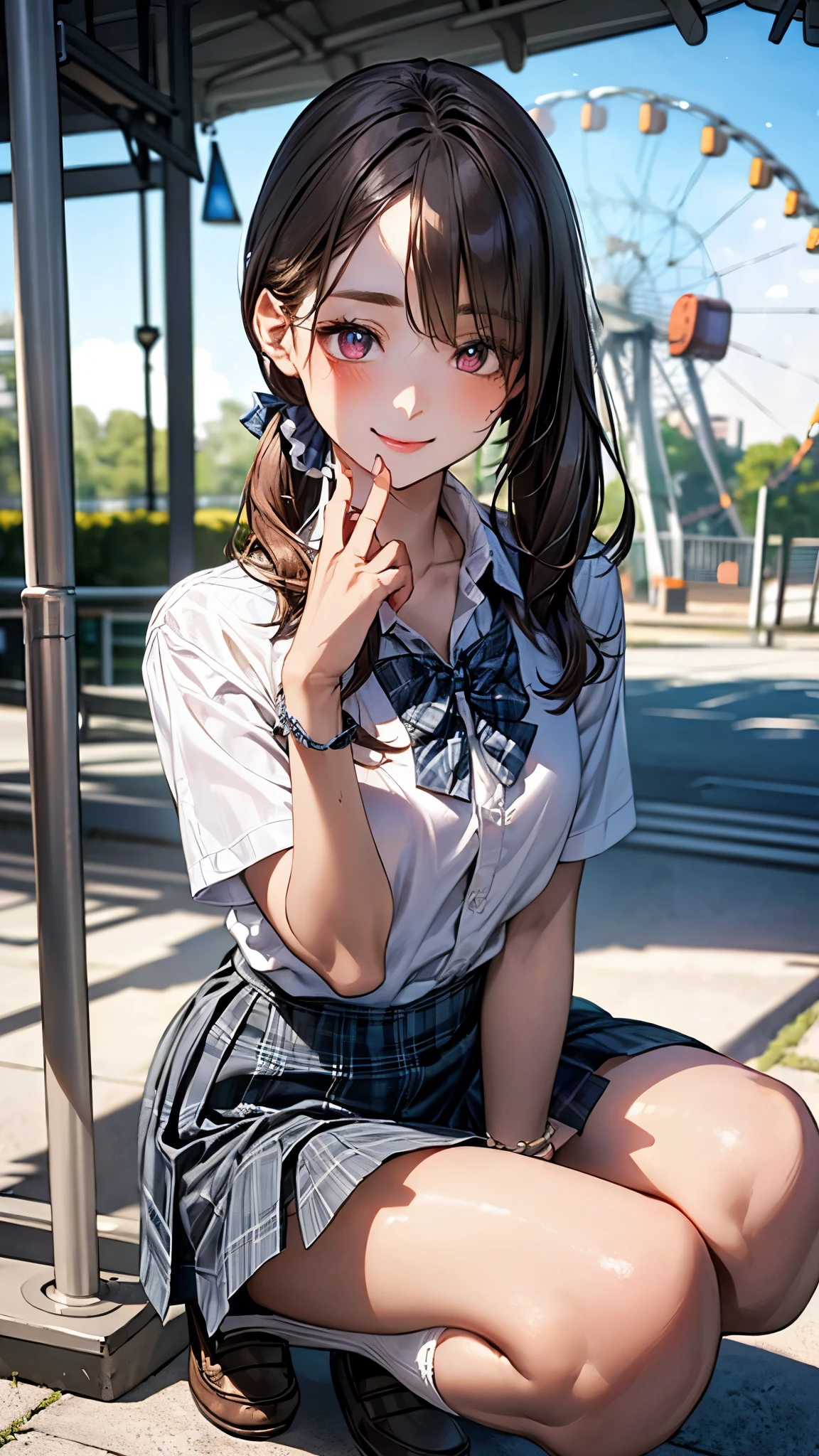 (masterpiece:1.2, top-quality), (realistic, photorealistic:1.4), beautiful illustration, (natural side lighting, movie lighting),
looking at viewer, full body, front view:0.6, 1 girl, japanese, high school girl, perfect face, cute and symmetrical face, suntan, shiny skin,
(long hair:1.5, side ponytail:1.4, brown hair), hair over one eye:1.4, maroon eyes, long eye lasher, (large breasts:0.6),
beautiful hair, beautiful face, beautiful detailed eyes, beautiful clavicle, beautiful body, beautiful chest, beautiful thigh, beautiful legs, beautiful fingers,
((collared short sleeve shirt, white shirt, , grey plaid pleated skirt, blue plaid bow tie), wrist chakra),
(beautiful scenery), amusement park, go-round, ferris wheel, (squatting, skirt hold), (lovely smile, upper eyes),