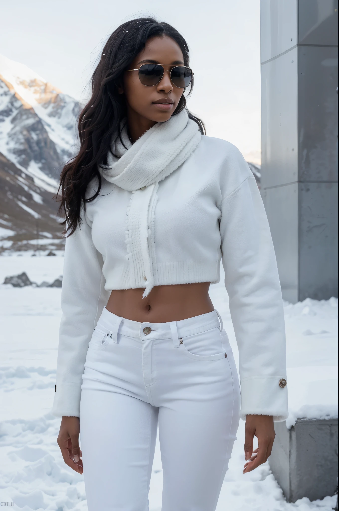 8k, RAW photo, best quality, ultra high resolution, (photorealistic), realistic photo of skinny ebony girl, (slim ebony girl, most beautiful ebony girl in the world, slim face, dark skin, black hair, long curly hair), in the arctic mountains, arctic glacier, snow, ice peaks, bright light, adventure, (full body portrait), photo from the side, wearing tight white jeans, (tight white jeans), wearing sweater, wearing white fur coat (white fur coat), wearing white scarf, (white scarf), wearing sunglasses, (sun glasses), wind blowing the hair, sexy pose, looking at viewer, smirking, (extremely detailed CG unity 8k wallpaper), Sharp focus, (bright light)
