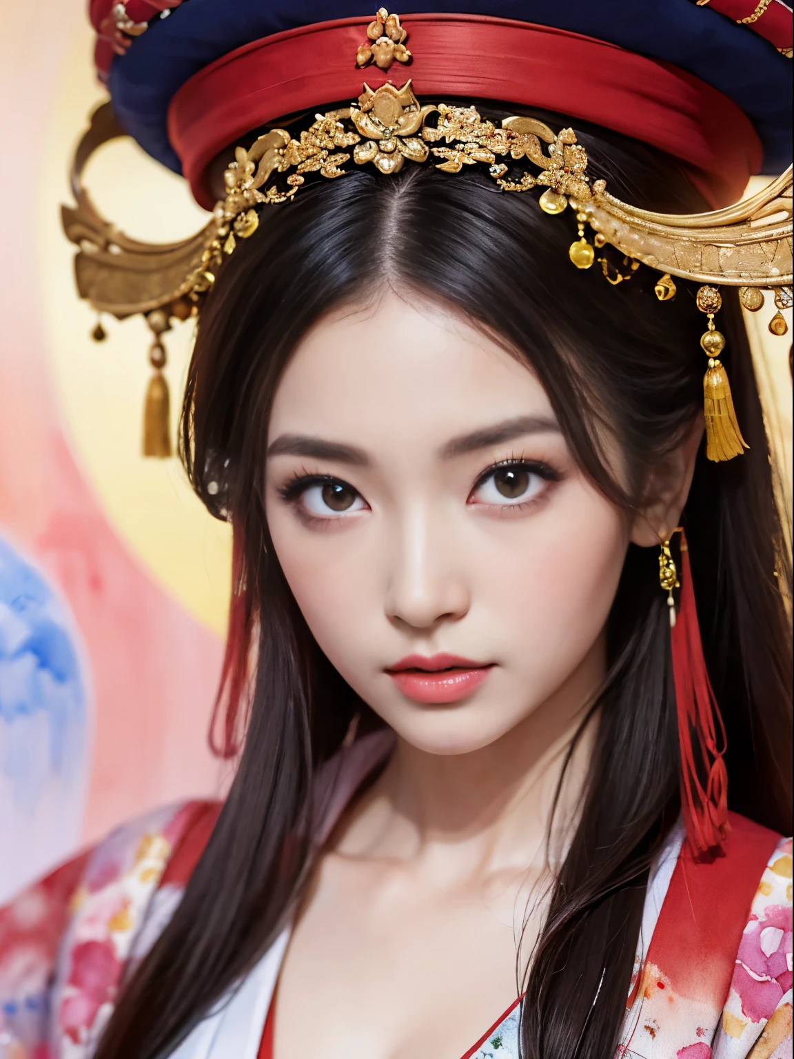 (masterpiece:1.2, highest quality), (highly detailed face, real picture, realistic skin, realistic body, intricate details), alone, 1 milf, casual,ukiyo-e, (watercolor:1.3), Oiran,girl,Portraits during the journey,Hanfu