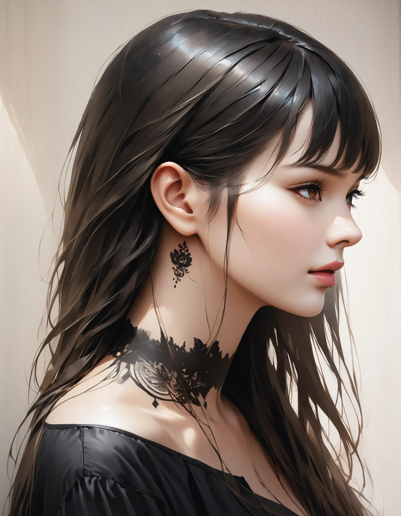 in style of Gary Baseman, ink art, side view ，(best quality,4k,8k,highres,masterpiece:1.2),ultra-detailed,(realistic,photorealistic,photo-realistic:1.37),simple modern art,close-up of a woman with lotus tattoo on her neck, flowing black long hair, black minimalist clothing, pure and smooth skin, slender and beautiful eyes, by Mei Qing, elegant and beautiful digital art, exquisite digital illustration, beautiful portrait, watercolor painting combined with photography, rendered with high octane value.