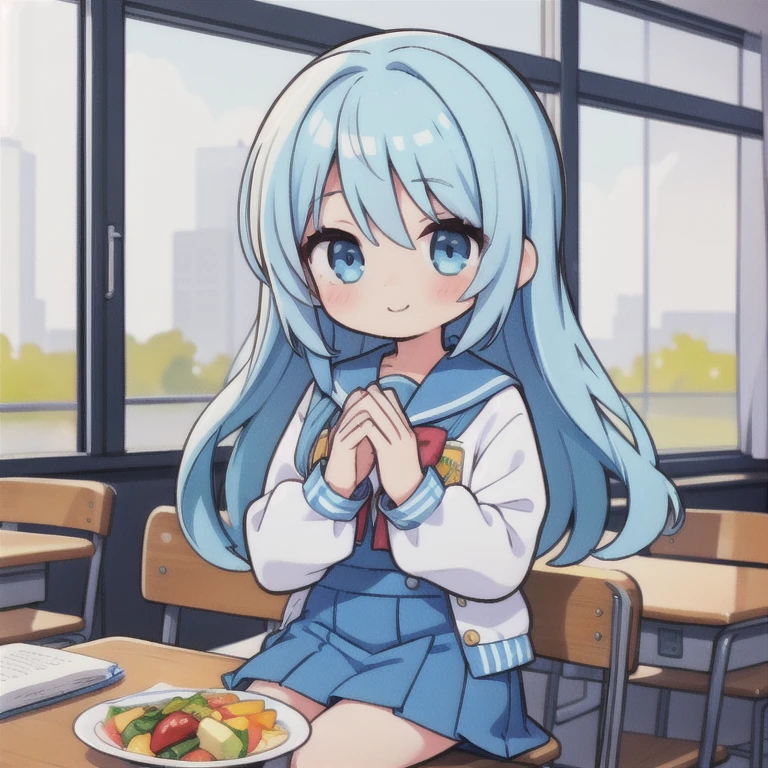 girl, long eyelashes,Light blue skirt,light blue long hair, I'll enjoy having this, school lunch, join hands