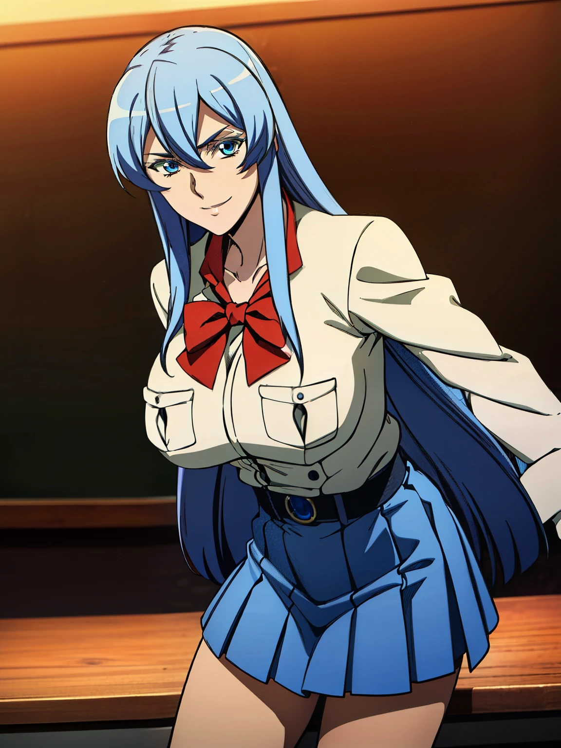 white serafuku, blue pleated skirt, red bowtie, (luxury classroom background), esdeath, anime cels style, best quality, high resolution, 1girl, (huge breasts:1.2), mature women, blue hair, long hair, (blue eye), blue eyebrow, beautiful face, (cowboy shot), looking at viewer, smiling