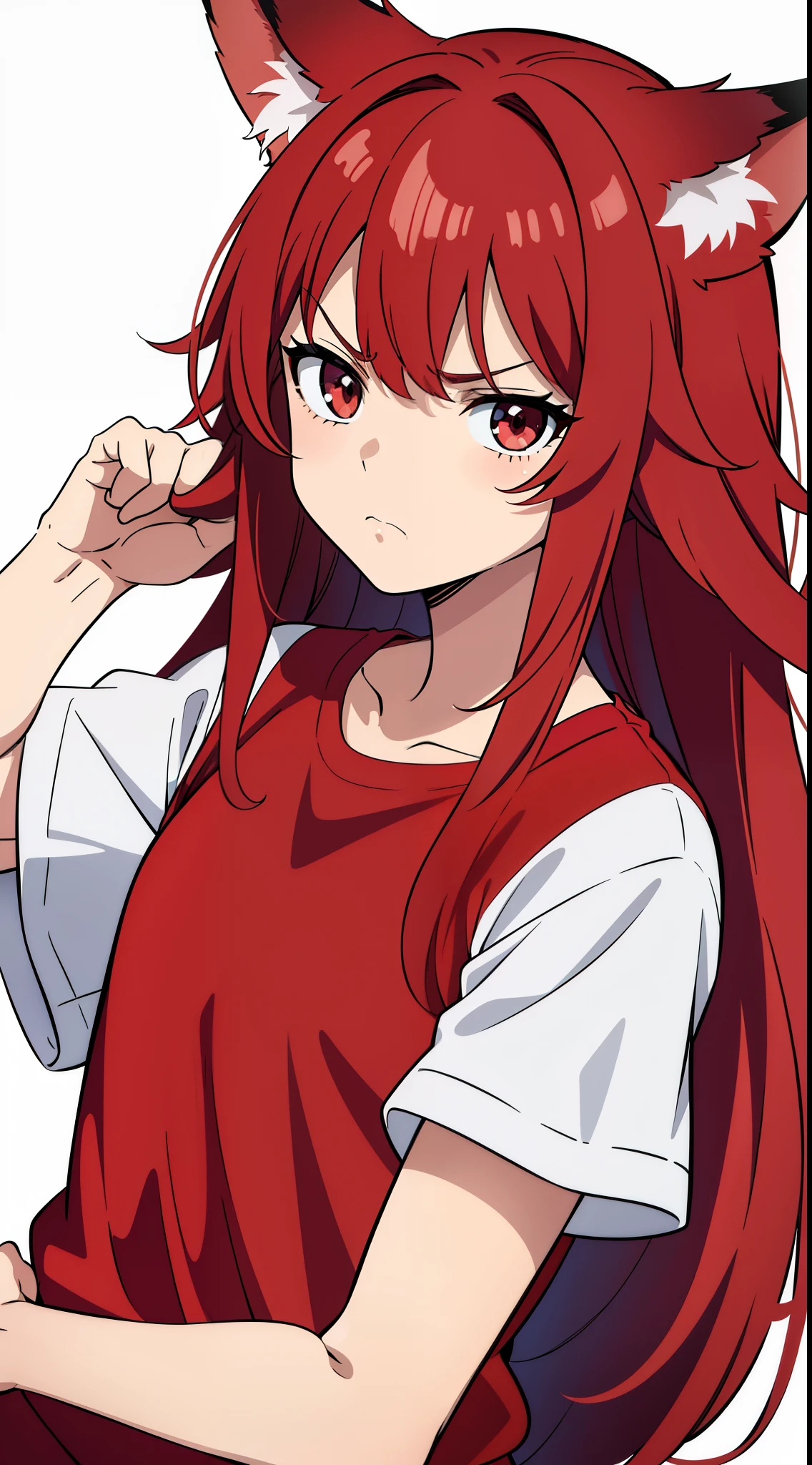 (1girl ,8 years old,small),angry face,red shirt,short sleeves,red hair,long hair,messy hair,fox ears,upper body,(White background),