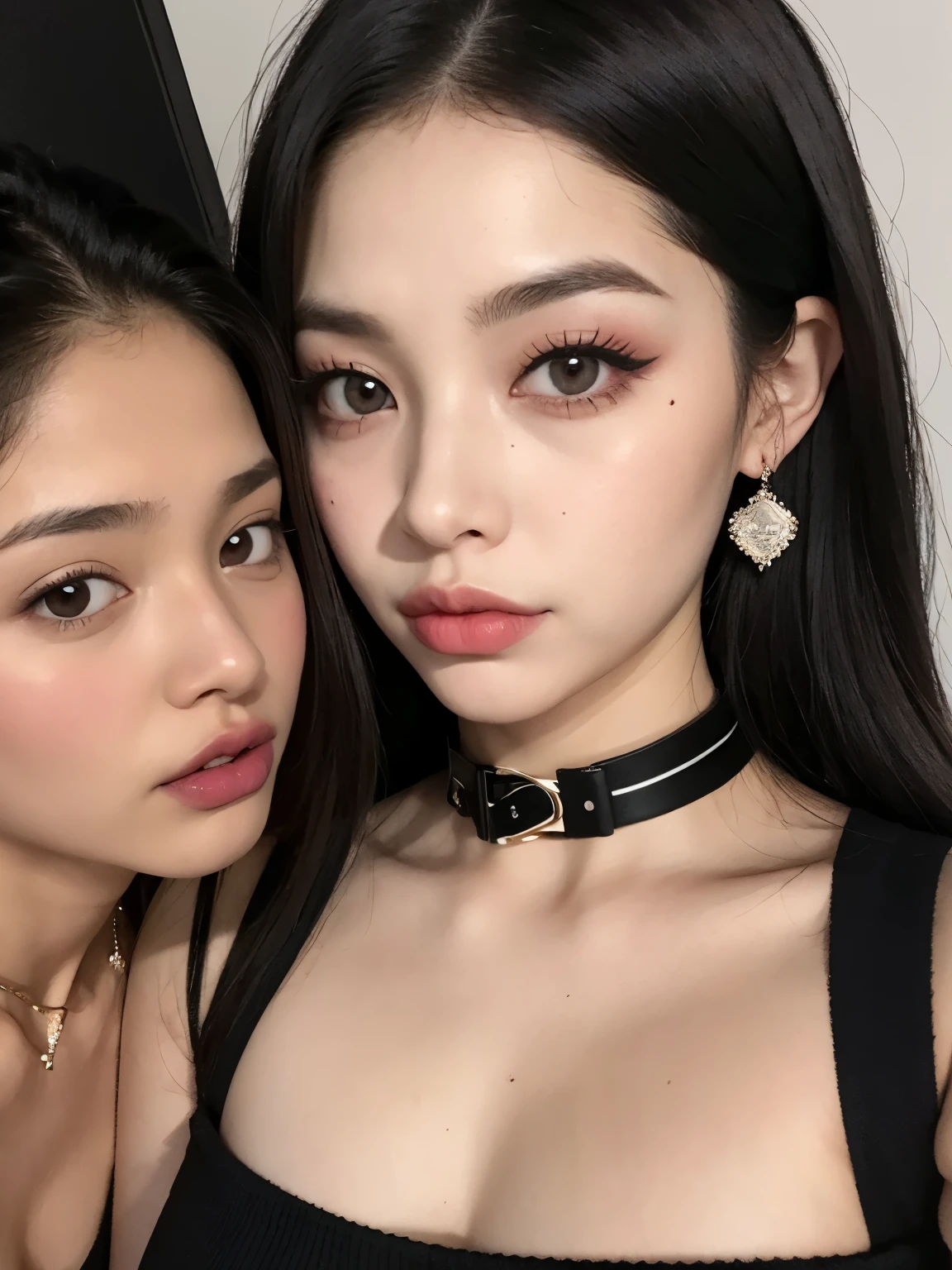 Kim Jennie con el cabello negro oscuro, con rulos en las puntas del cabello negro oscuro, con un ganchito de estrella en el cabello negro oscuro, ojos de color claro, ojos bonitos, ojos llorosos, nariz bonita y respingada, labios bonitos, labios rosas, heart and cupid shaped lip, piel bonita, pale, piel blanca, con lunares y pecas en todo el rostro, rubor rosa suave en las mejilla, rubor rosa natural, dark and gothic makeup, Jennie gotica, mientras ella esta con un chico lindo a su lado, with a cute asian boy standing next to her, mientras hay un torso de hombre, mientras el hombre&#39;His hand is on his jaw.., manos bonitas de hombre, with a gothic boy, cuellos bonito, cuello marcado, frown, mirada enojada, con un collar de beso, un collar bonito de beso, mientras sus pezones son notorios (pechos grandes, pechos suaves, pechos bonitos, pechos naturales), con un vestido blanco, vestido corto y transparente, visible on the nipple, con un chico a su lado, con su novio, mirando a la camara, autofoto