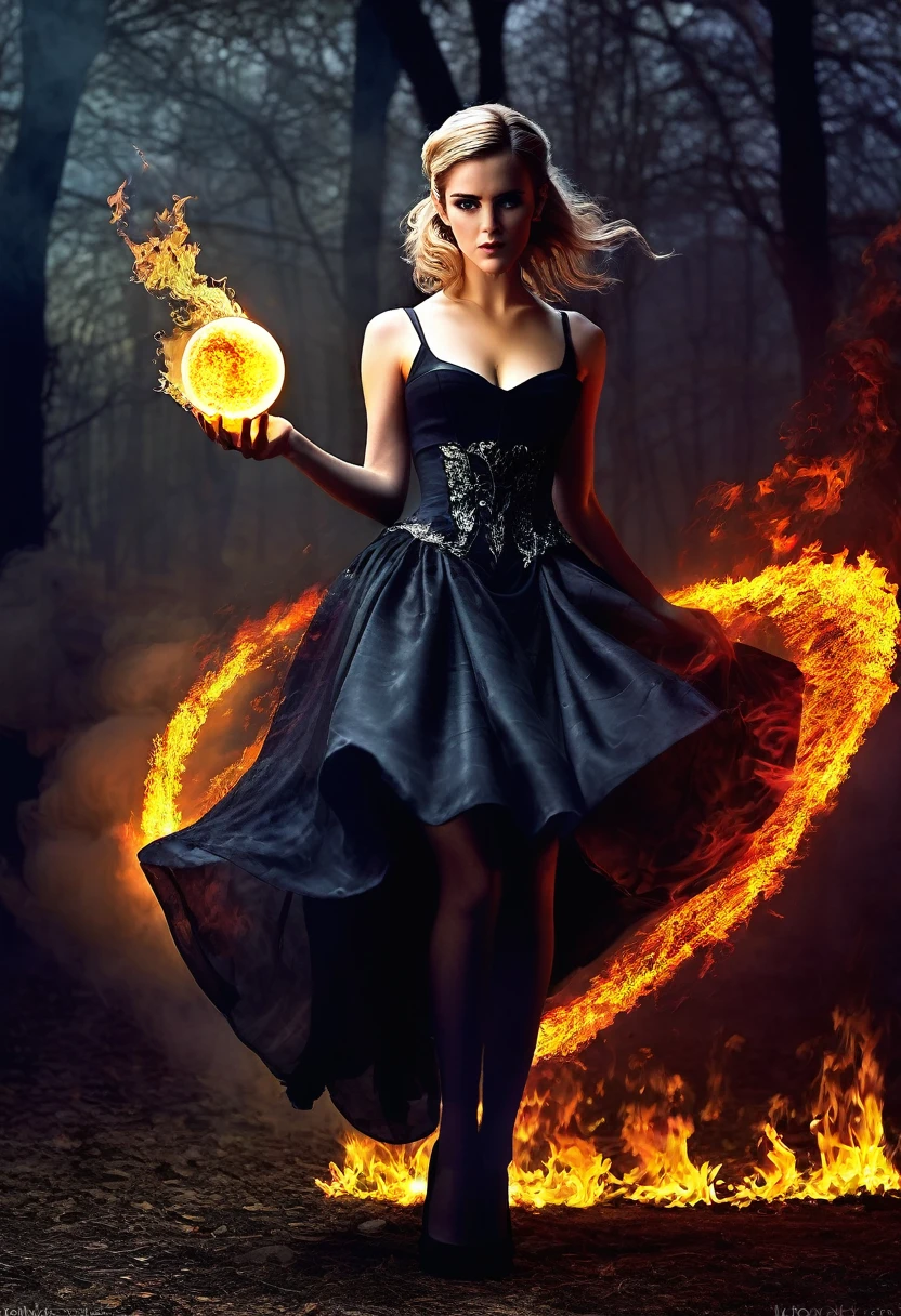 Young busty witch Emma Watson, appealing desirable, big tits, almost naked , stockings, 18 years old, seductively while looking at viewer, ragged see-through dress, very big cleavage, angry looking, Darkness, delicate flame, black eyes, heels, dim colours, red Black, Shadow, fading glow, flaming shadows, slim, tall long legs, long waist, unkempt long white hair, heels, dull light, fuzzy light, dim light, dimness, gloom, murk, dark fantasy theme, ferocity, spell, spelling, incantation, spellworking, allure, bewitchment, hex, witchery, magic, sorcery, wizardry, witchcraft, enchantment, fascination, charm, sword swing, magical haze, Fire Witch, red hair, glowing eyes, red dress, fire haze, heat, pretty, high dinamic range, iluminated only by firewall, dark, attacking throwing magic spells, action pose, powerful aura, sultry, magical place, whisps of magic, flowing robe, rising triumphantly from the flames cast fire spell, magic fire, shooting fire from her hand, emerging from magical fire circle, holding ball of fire, night,