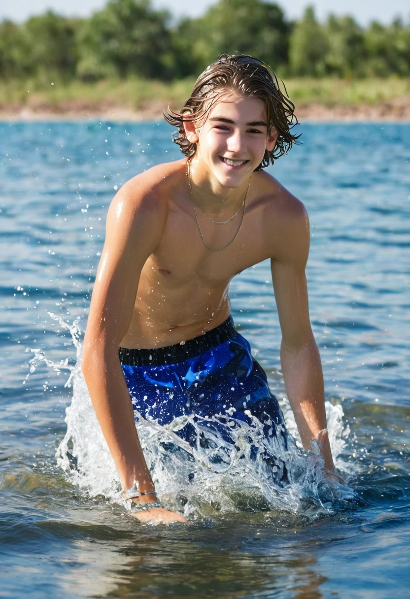teenager with good physique playing in the water