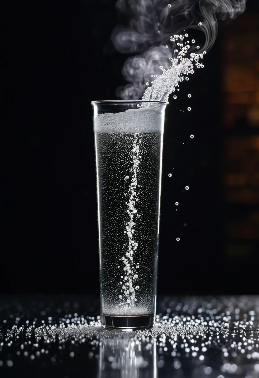 Detailed close-up of a tall beaker overflowing with a translucent, frothy liquid in which a chemical reaction is taking place, sparkling bubbles and smoky vapour rising from above, exothermic process, substance pours out onto a flat surface creating a wet, textured pattern of bubbles and residue, demonstration or visual effect, dark background with defocused bokeh lights, bright colours, dynamic lighting, (science and mystery:1. 4), macro photography, 8K,