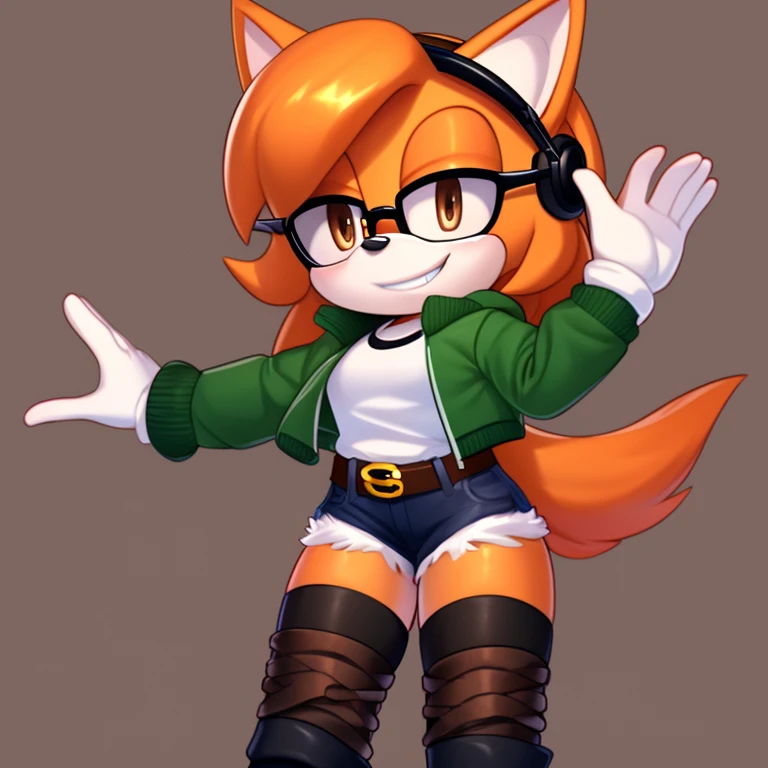 ((Mobian)), (1girl), headphones, long hair, thighhighs, solo, glasses, boots, jacket, shorts, smile, green jacket, fur-trimmed jacket, fur trim, orange hair, knee boots, shirt, cross-laced footwear, grin, black footwear, lace-up boots, short shorts, black shorts, brown eyes, arms up, black thighhighs, belt, white shirt, looking at viewer, teeth, bangs