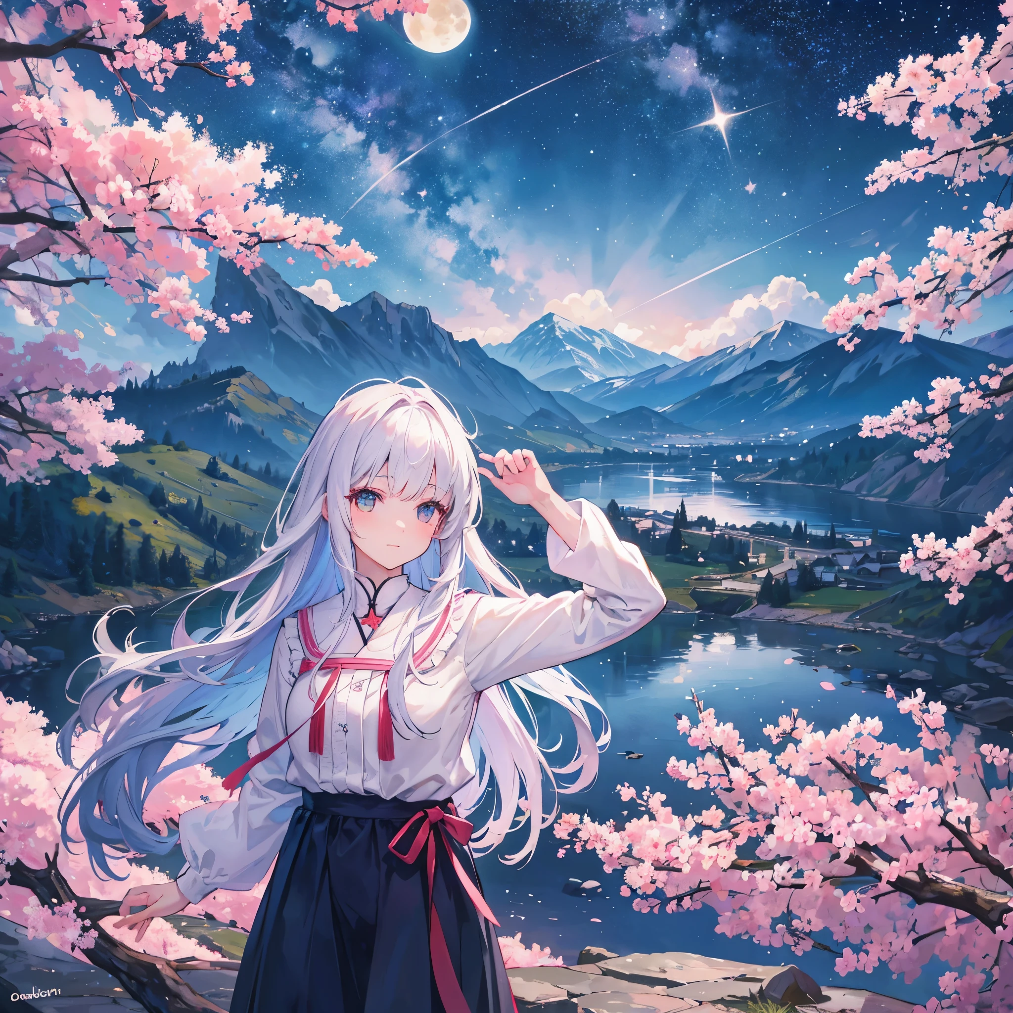 Hyperrealistic, Natural Light, Landscape Mountain and a Girl long hair under Sakura ( view on under Starry Night, Full Sky and Moon)