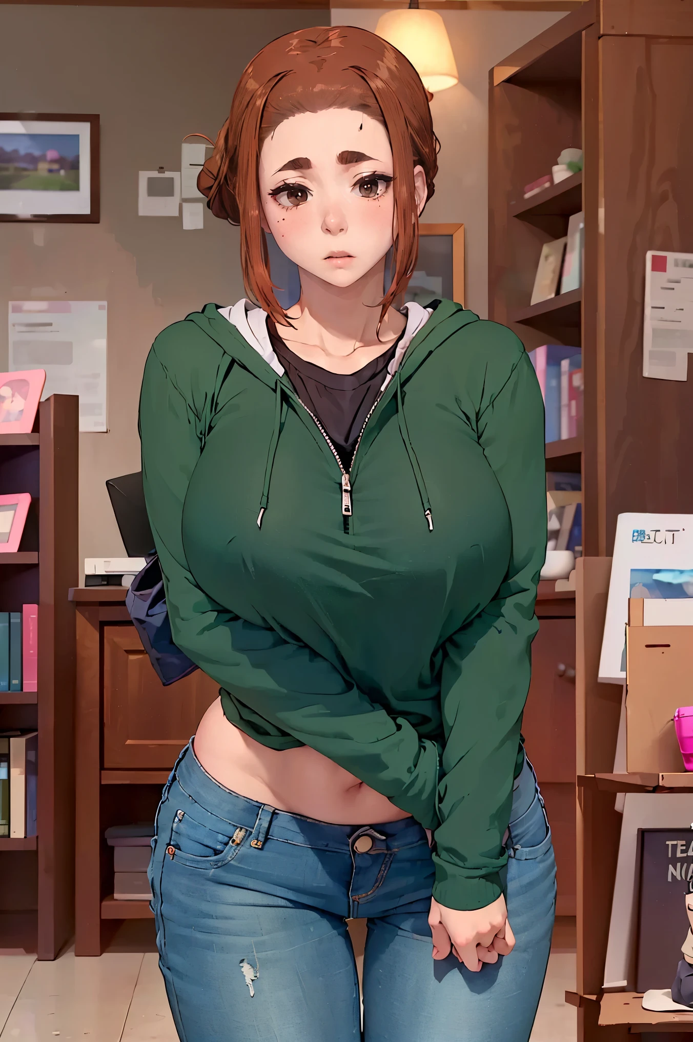 (masterpiece, best quality:1.2), solo, 1girl, ogawa sumireko, ((brown eyes, white pupils)), detailed eyes, hair up, hood, green jacket, open jacket, ((wering sweater, detailed sweater, jeans pants)), thick body, fullbody: 1.5, long sleeves, upper body, bookstore, indoors, depth of field, large breasts, mature female, breasts squeezed together, v arms, looking at viewer, embarrassed, blush, csr style texture