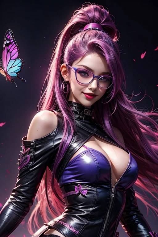 (best quality, vivid colors),purple haired girl, glasses, smooth skin, blue eyes, punk rock hairstyle, long straight hair, red lips, cheering, smile, butterfly magic, leather clothes