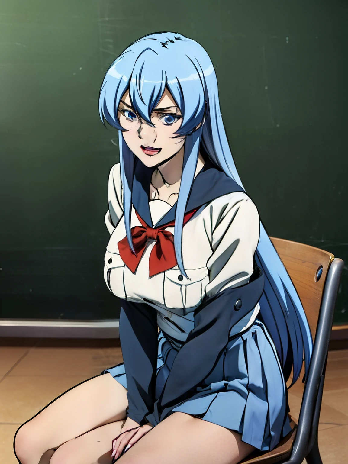 sitting at class chair, (white serafuku), blue pleated skirt, red bowtie, (classroom background), esdeath, anime cels style, best quality, high resolution, 1girl, (huge breasts:1.2), mature women, blue hair, long hair, (blue eye), blue eyebrow, beautiful face, (cowboy shot), looking at viewer, laughing