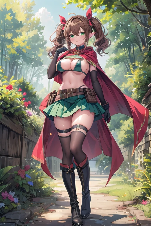 1girl, solo, pointy-ears, ((brown-hair)), green-eyes, gloves, boots, twintails, skirt, elbow-gloves, hair-ornament, navel, looking-at-viewer, cape, smile, elf, ribbon, hair-ribbon, knee-boots, belt, hairclip, ((green-skirt)), black-gloves, forest, midriff, thigh-strap, hair-between-eyes, standing, black-footwear, pouch, long-hair, nature, red-ribbon, ((big boobs) 1:1)