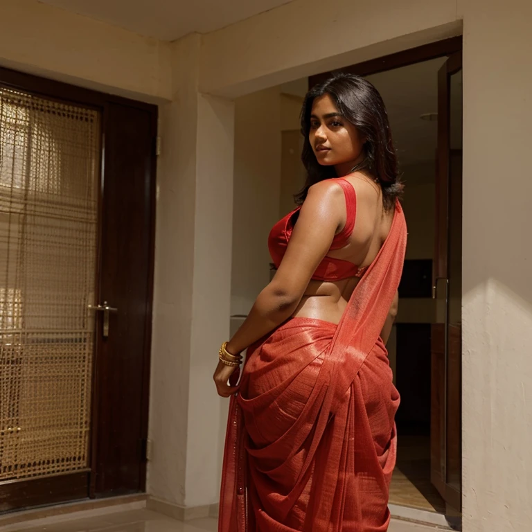 A beautiful Indian girl of age 23 wearing a saree of red color which shines and is of perfect fit which makes her curves look. She posing to show her back and figure while facing the camera 