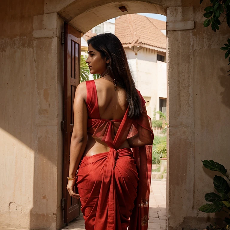 A beautiful Indian girl of age 23 wearing a saree of red color which shines and is of perfect fit which makes her curves look. She posing to show her back and figure while facing the camera 