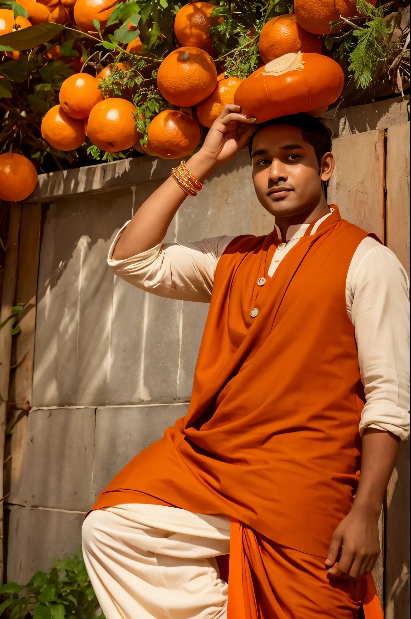 Indian、Two dimensions、brown skin、late teenale、Curry on his head、Eyes are jito eyes、A little chubby、Luxurious clothes in orange Indian style(Left shoulder is protruding)