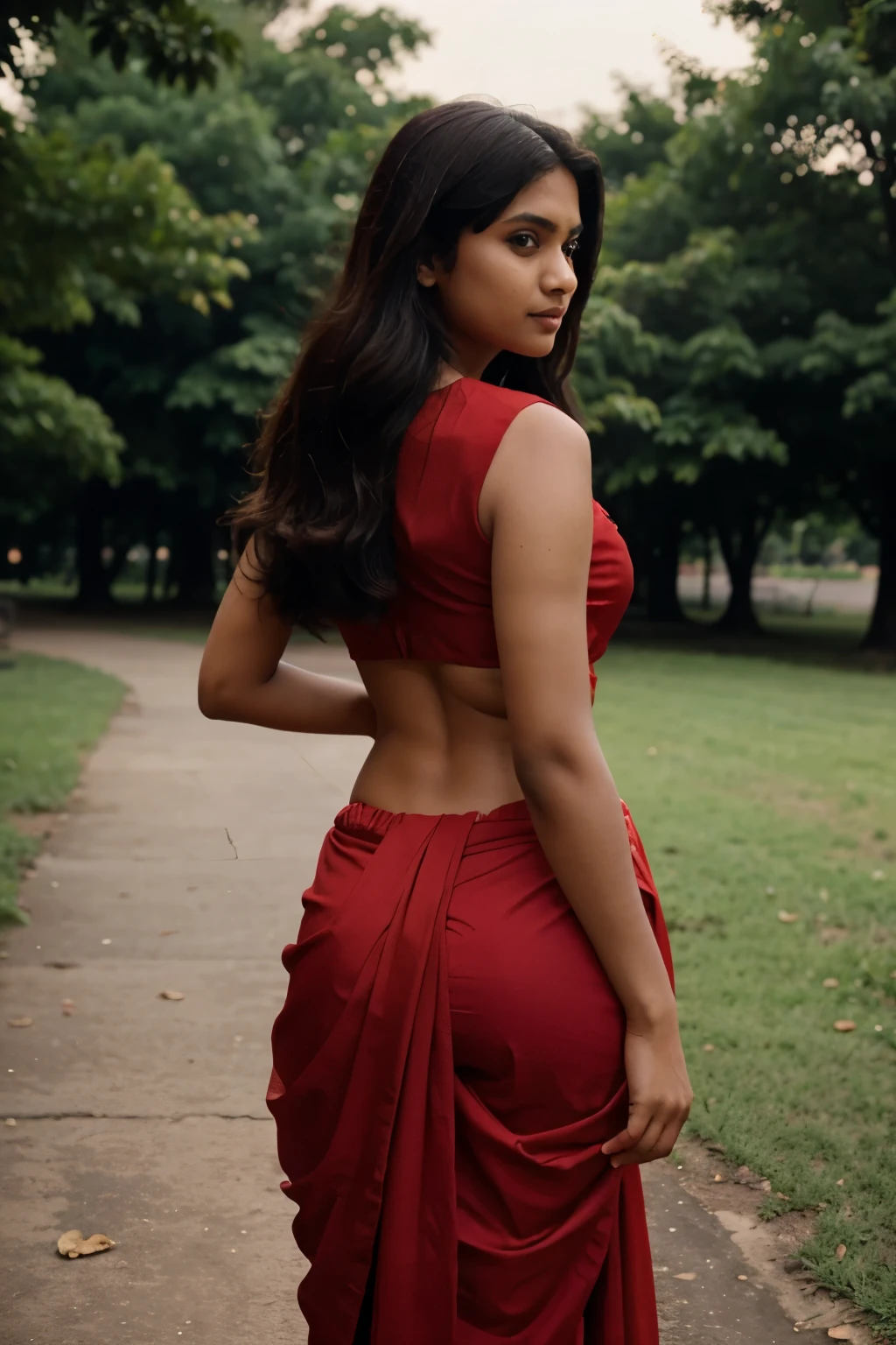 an indian girl wearing a red shinny saree showing her back from an angle while looking at the camera and the camera takes her full body picture as she stands in a park, realistic,