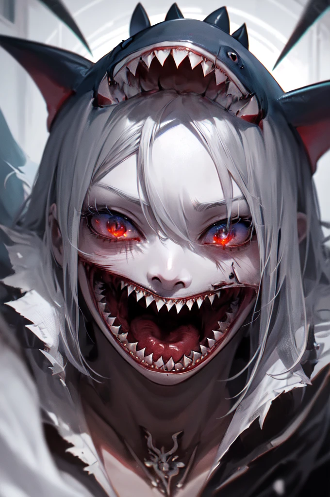 intricate details,anime poster, ((masterpiece,best quality)), ((cinematic light)), demon in mirror, scary,horror anime \(style\), gloomy atmosphere,detailed background, beautiful detailed eyes, sharp teeth ((shark teeth))