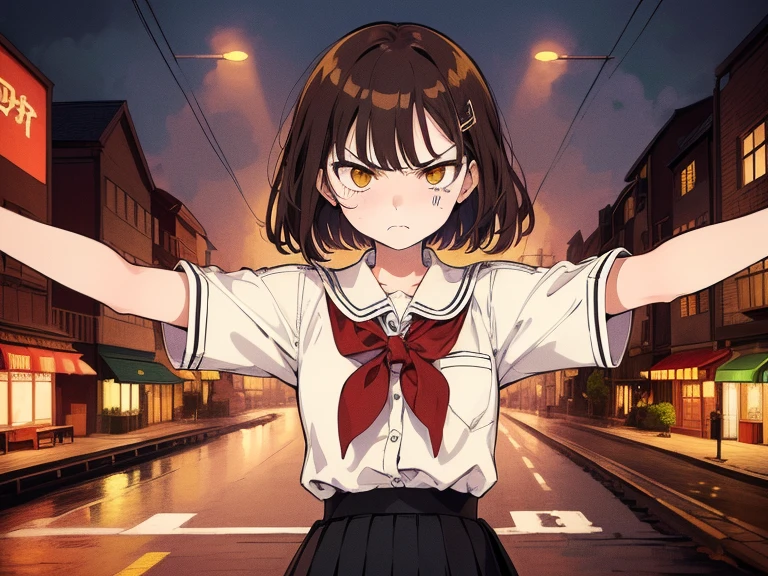 ((((angry face)))),(((Long shot, taken from the front, 1 girl, white , black skirt, short bob, brown hair, golden eyes, , short height, city girl))), ((On the way home from school)), ((Uniform)), (Masterpiece), (High resolution), (Top quality), (Super delicate), ((Line drawing manga style)), Wallpaper, Manga style illustration, Painting style, heartwarming synopsis, ((youth)), (((student))), (unique atmosphere), unique world view, unique atmosphere, school life, youth town, (masterpiece), (high resolution), (highest quality), (super delicate), line drawing manga style, comic style illustration, how to draw, warm outline color, (clear), (obvious)