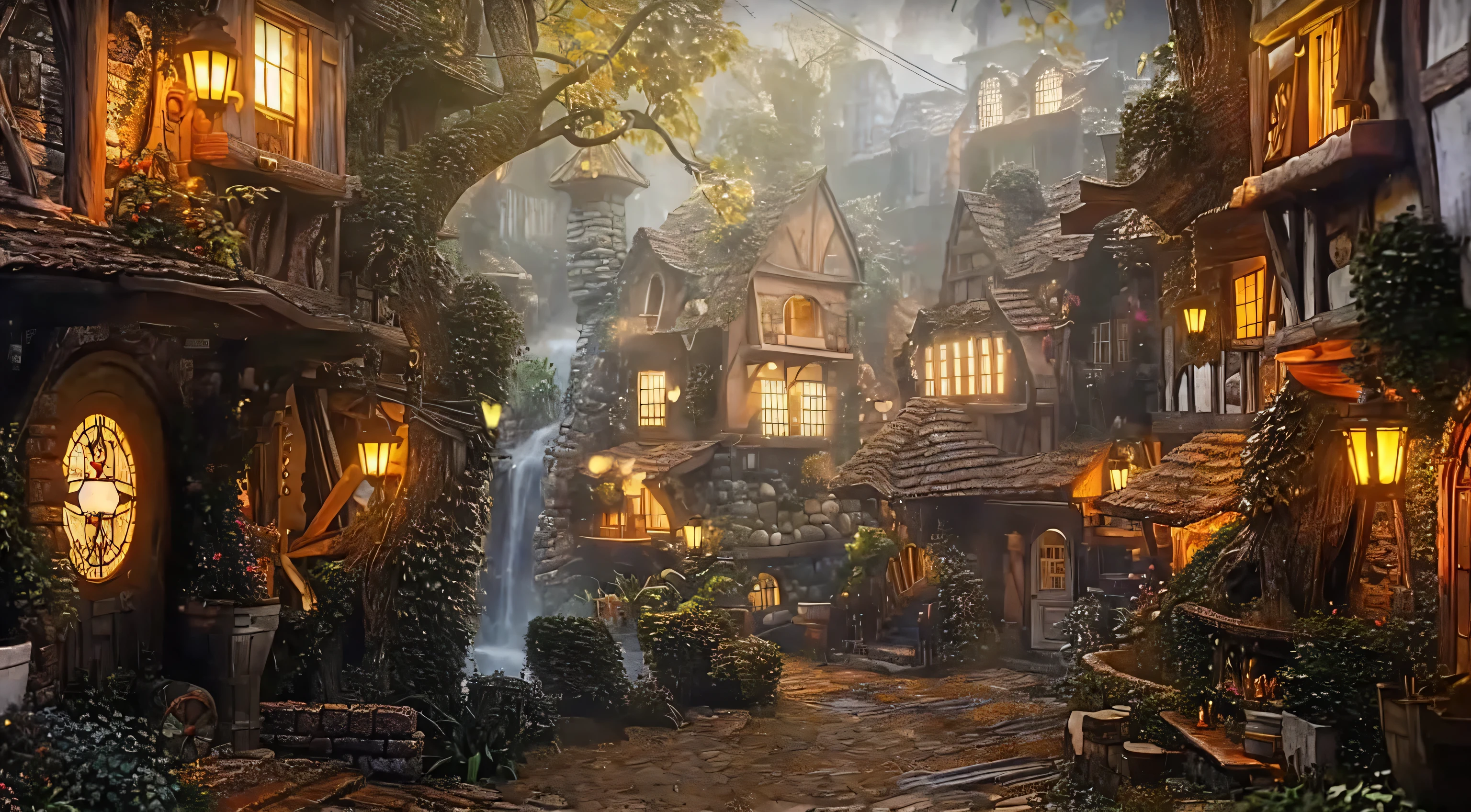 there is a painting of a city with a waterfall in the background, medeival cidade de fantasia, cidade de fantasia setting, beautiful rendering of a fairy tale, cidade de fantasia, aldeiaotor irreal, Magic Village, a bustling magical city, fantasy style 8k octane rendering, aldeia na floresta, realistic fantasy rendering, lugar de conto de fadas, Motor irreal fantasy art, vila pitoresca