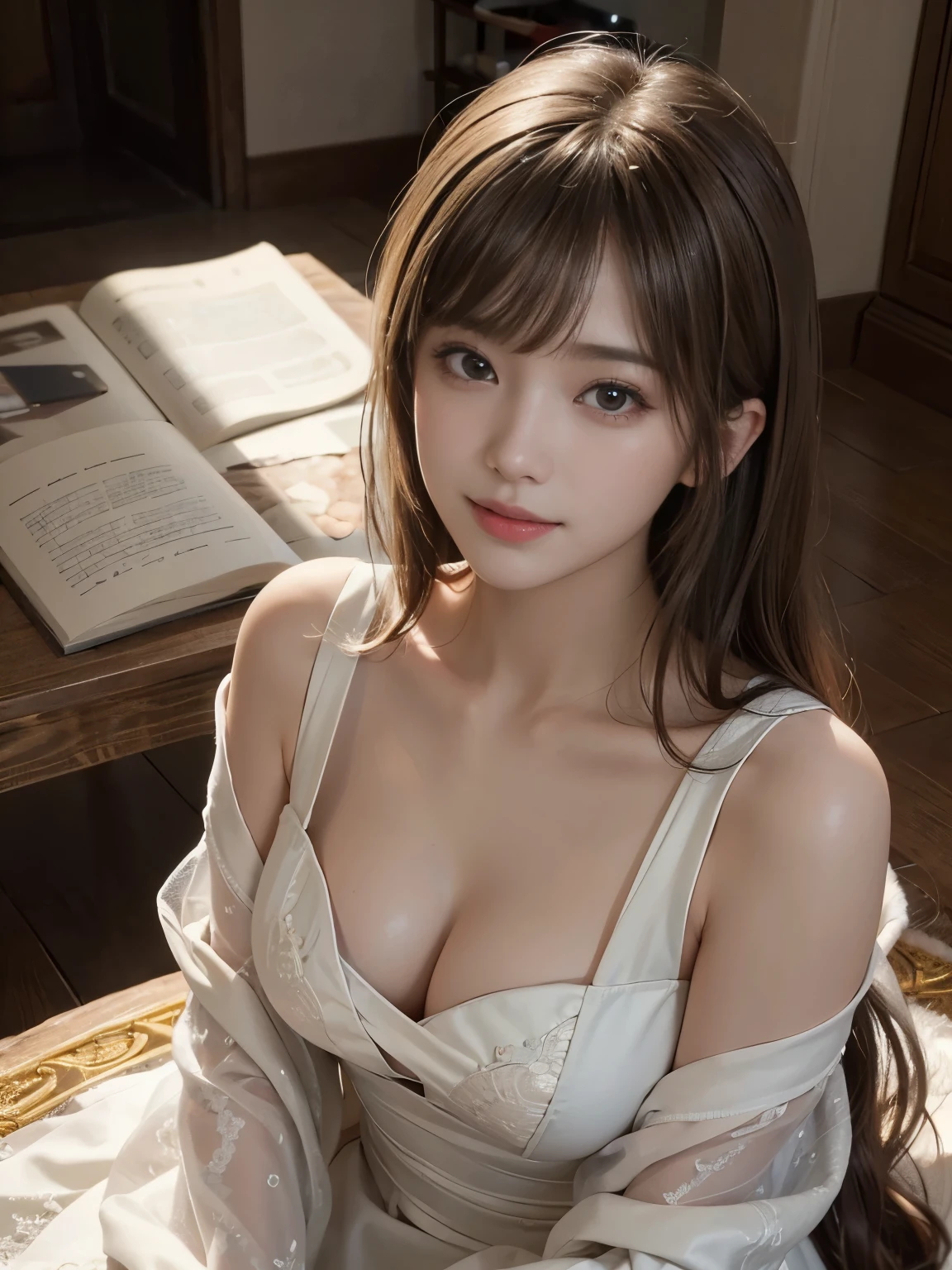 (highest quality,8K quality,masterpiece:1.3),(ultra high resolution,photorealistic:1.4,Live shooting),(Super detailed,caustics),(ultra-realistic capture,Beautifully detailed skin),19-year-old,beautiful Japanese, medium hair, messy hair, asymmetrical bangs, brown hair, Smiling and looking at the camera,soft light,A ray of light shining from above,Natural light,