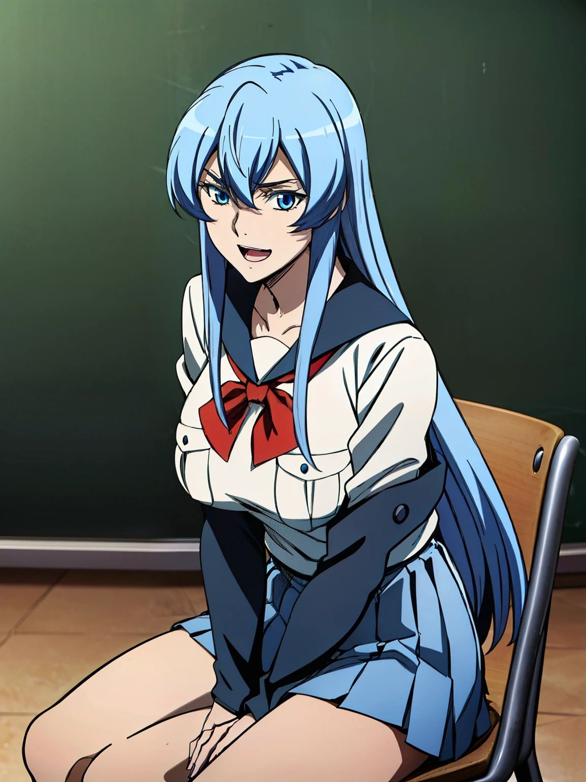 sitting at class chair, (white serafuku), blue pleated skirt, red bowtie, (classroom background), esdeath, anime cels style, best quality, high resolution, 1girl, (huge breasts:1.2), mature women, blue hair, long hair, (blue eye), blue eyebrow, beautiful face, (cowboy shot), looking at viewer, laughing