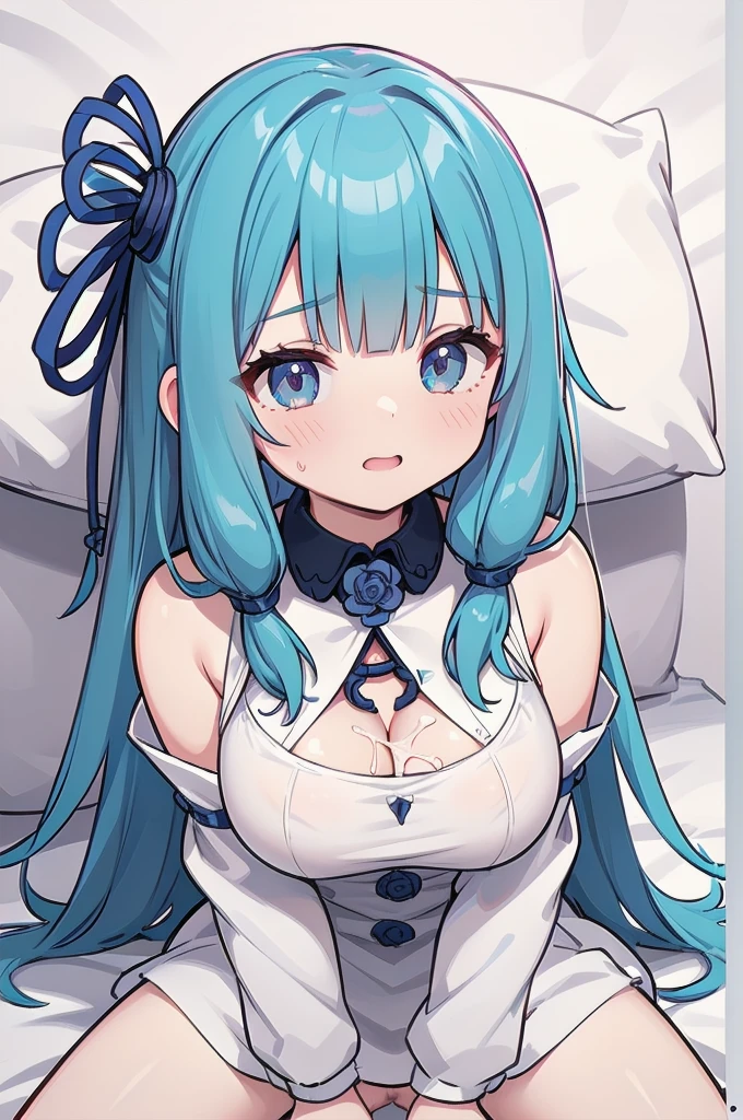 (((full body))), (highest quality:1.2), alone, 1 girl, kotonoha aoi, ((blue hair)), smile, looking at the viewer, hair ribbon, white dress, removed sleeve, wide sleeve, bare shoulders,  (((spread legs onbed))),(((vaginal,sex))),(((cum in pussy))),(((from above))), (((lying on bed))),(((white bed sheet))),(((lie on the pillow))),(((perfect anatomy))),(masterpiece:1.0),(Highest_quality:1.0),detailed,highly detailed,ultra detailed,extremely detailed CG,super high resolution,4k,super detailed, photograph,high resolution,8K,HDR,Highly detailed CG Unity 8k wallpaper,super detailed skin,detailed beautiful eyes,detailed beautiful face,detailed beautiful face and eyes,very detailed background,perfect,lighting,colorful, bright_front_face_lighting,shiny skin,(highly detailed background),looking at the viewer,(Focus on her face), solo, upper body, looking at viewer, upper angle, perfect quality, good quality, masterpiece, HDR, UHD missionary position,masterpiece,best quality,detailed,highly detailed,ultra detailed,extremely detailed CG,high resolution,8K,super detailed skin, ((detailed beautiful eyes)),detailed beautiful face,detailed beautiful face and eyes,very detailed background,highly detailed background,(front view),(((super big breasts))),looking at viewer,The girl&#39;s breasts aren&#39;t exposed at all., You can clearly see that she has very large breasts.,((kawaii)),((orgasm face)),