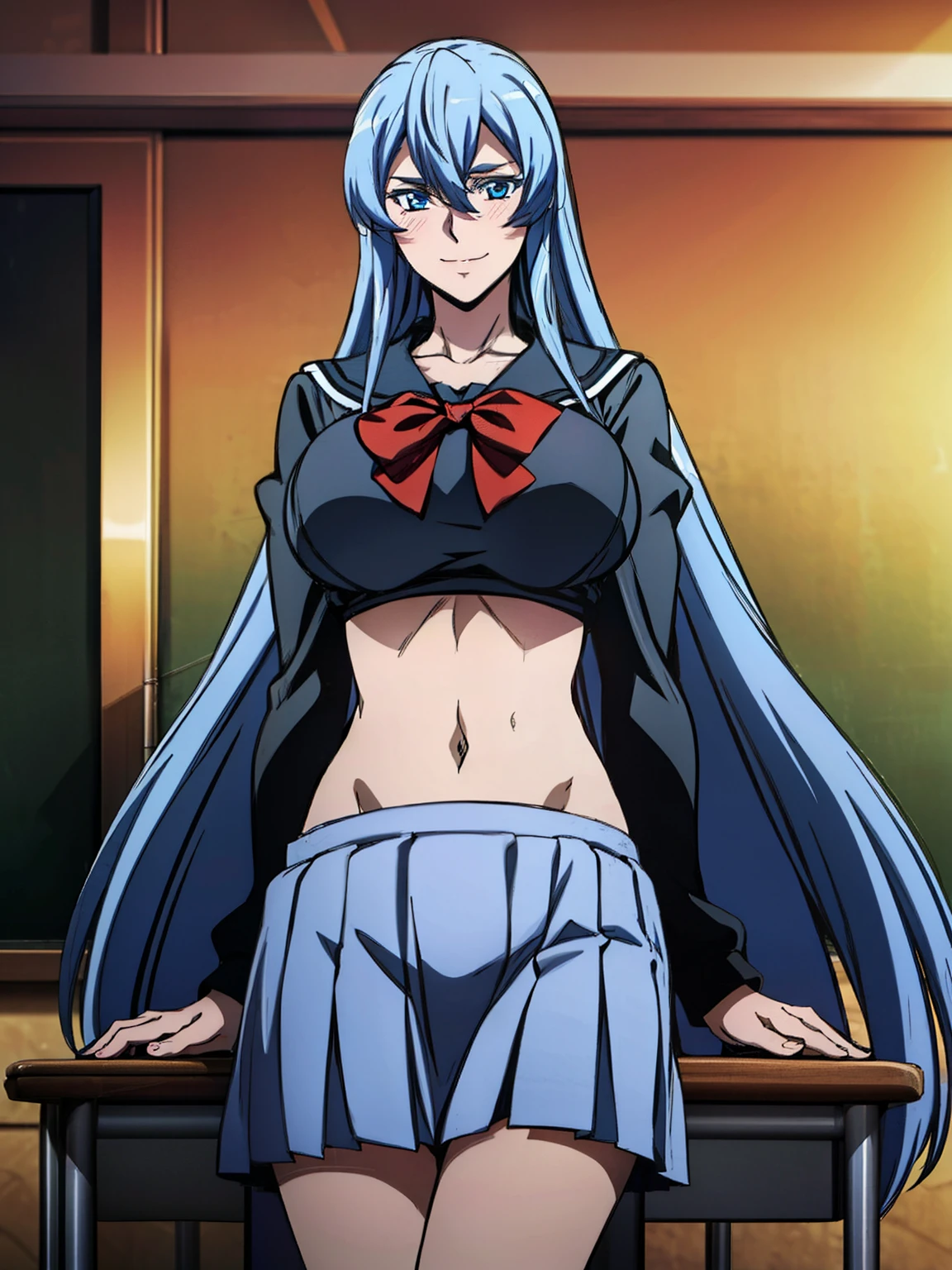 sitting at class chair, crowded room, (white serafuku), blue pleated skirt, (navel), red bowtie, (classroom background), esdeath, anime cels style, best quality, high resolution, 1girl, (huge breasts:1.2), mature women, blue hair, long hair, (blue eye), blue eyebrow, beautiful face, (cowboy shot), looking at viewer, smiling, blushed